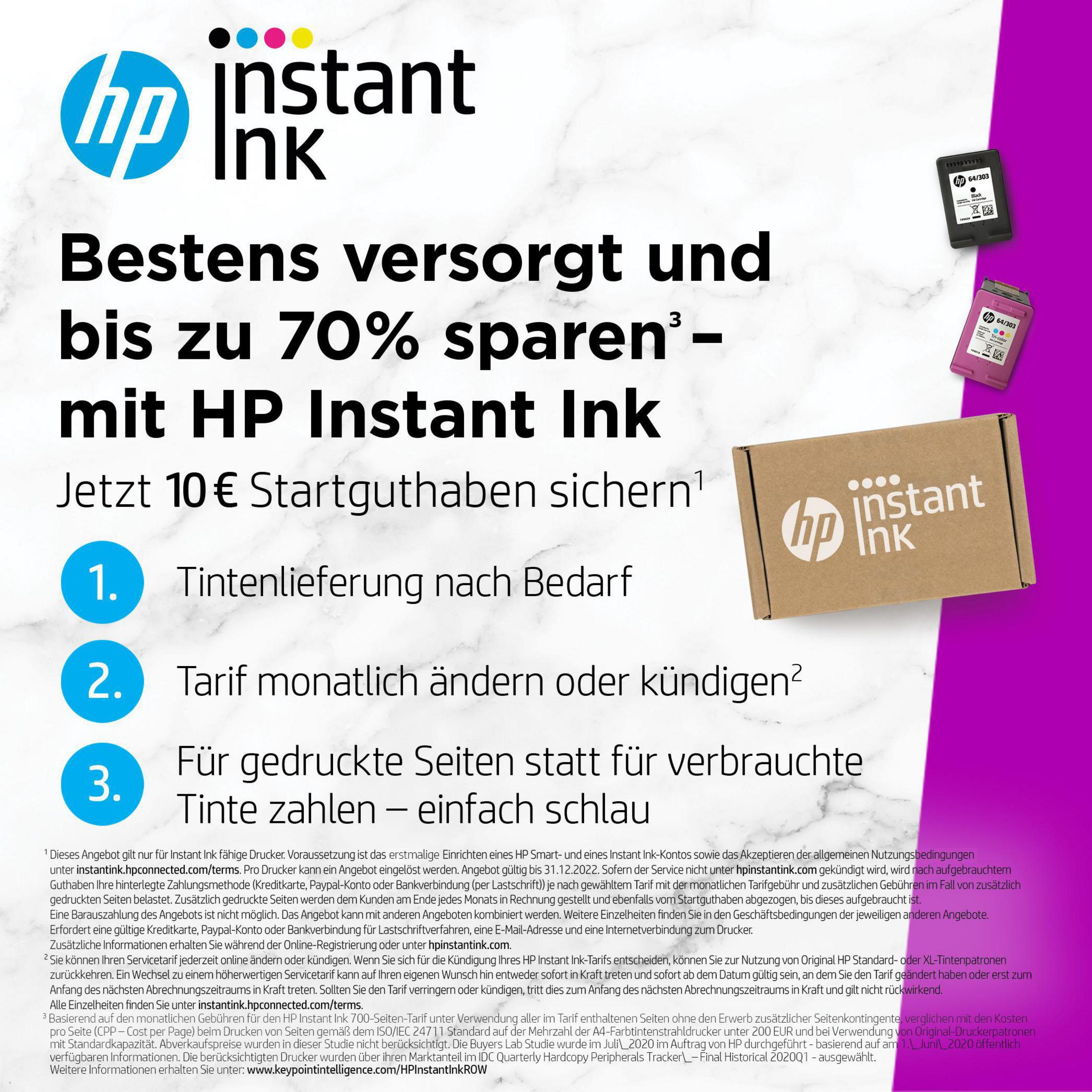 Publicité pour HP Instant Ink. Montre des cartouches d'encre et du texte. Le texte dit "jusqu'à 70% d'économies".