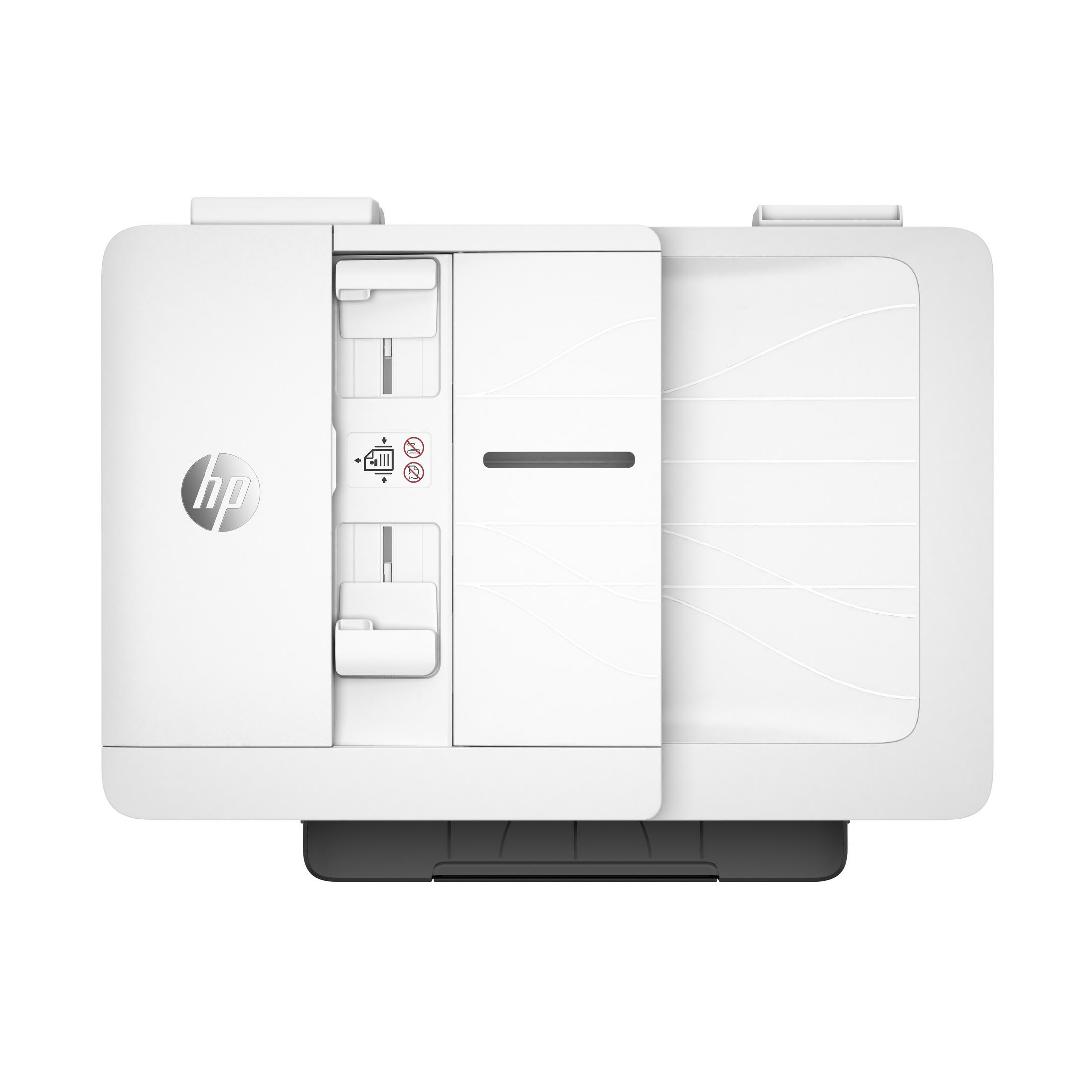 Vista dall'alto di una stampante HP bianca. Il design mostra lo scanner e il vassoio di alimentazione.