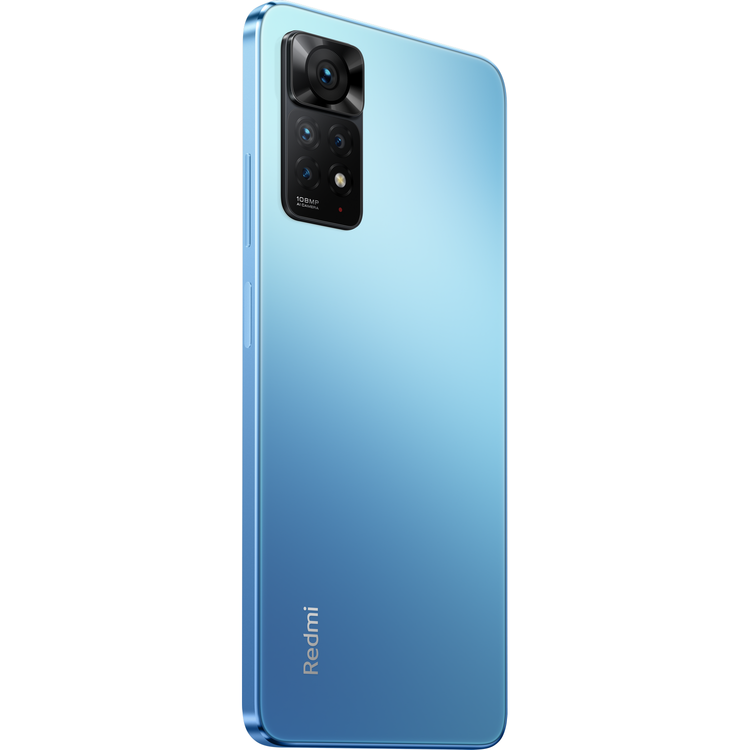 Blaues Smartphone auf weißem Hintergrund, mit Rückkameras.
