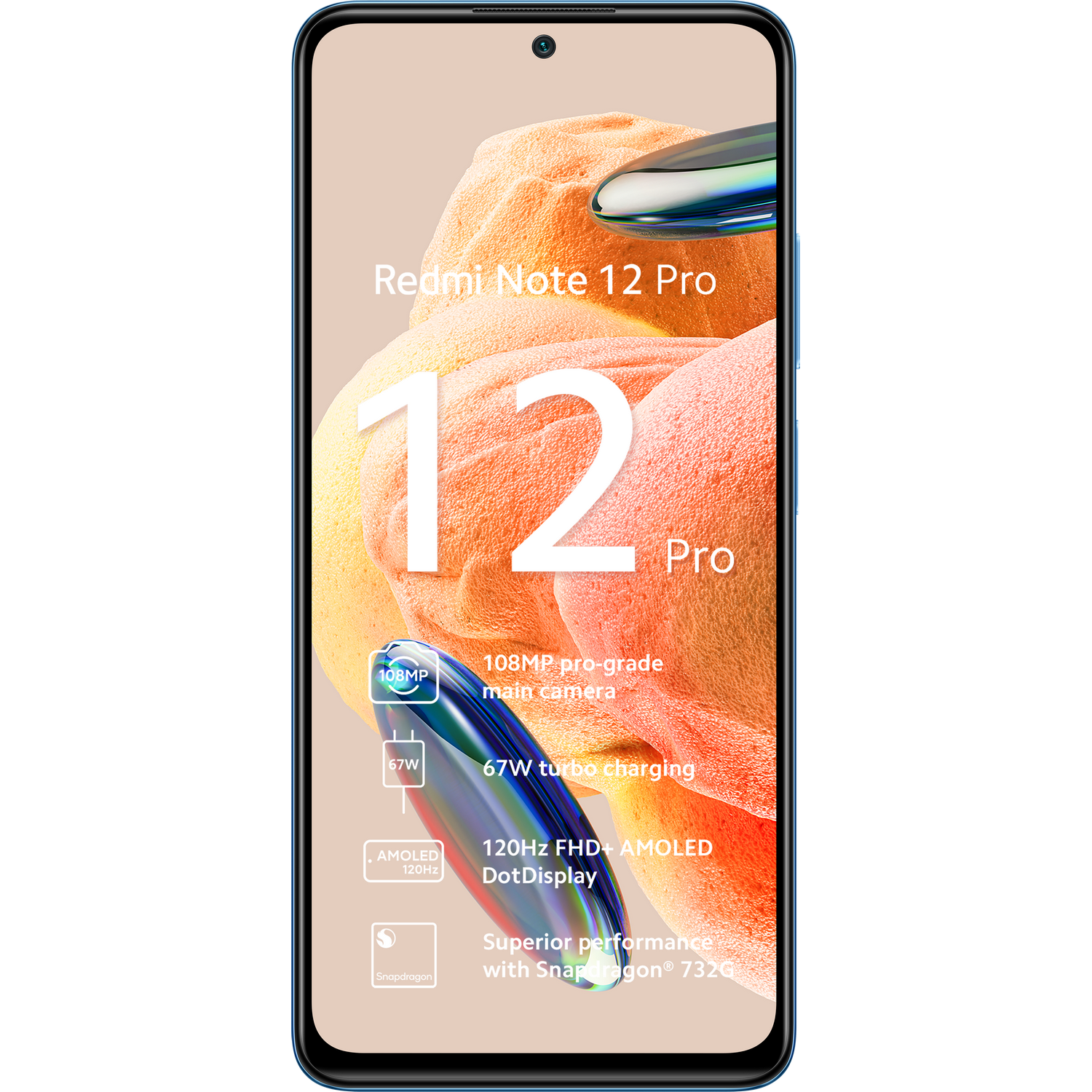 Ein blauer Telefonbildschirm mit den Worten Redmi Note 12 Pro, mit Spezifikationssymbolen und einem blauen Rahmen.