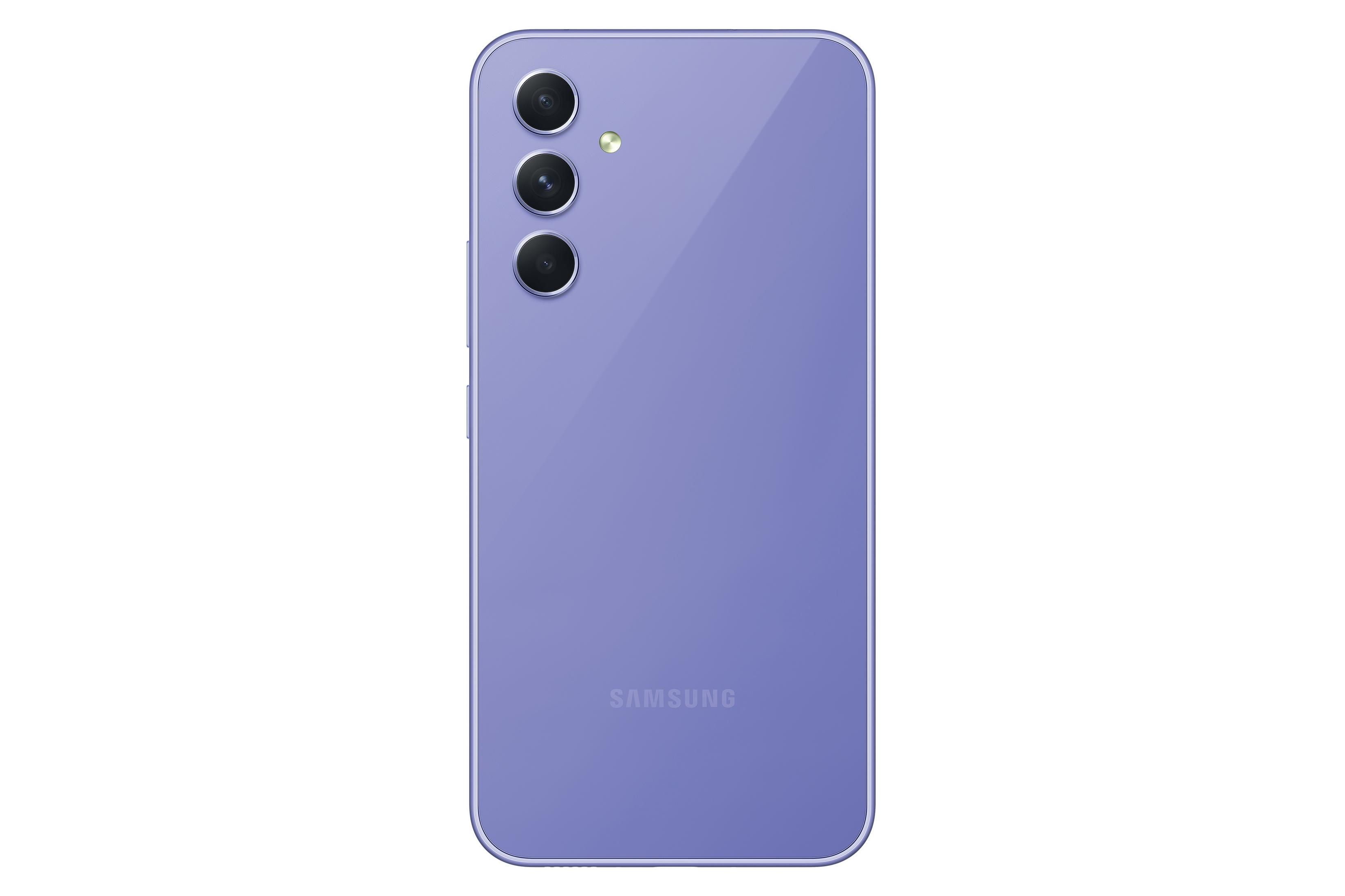 Fioletowy telefon Samsung, widok z tyłu, z trzema aparatami, na białym tle.