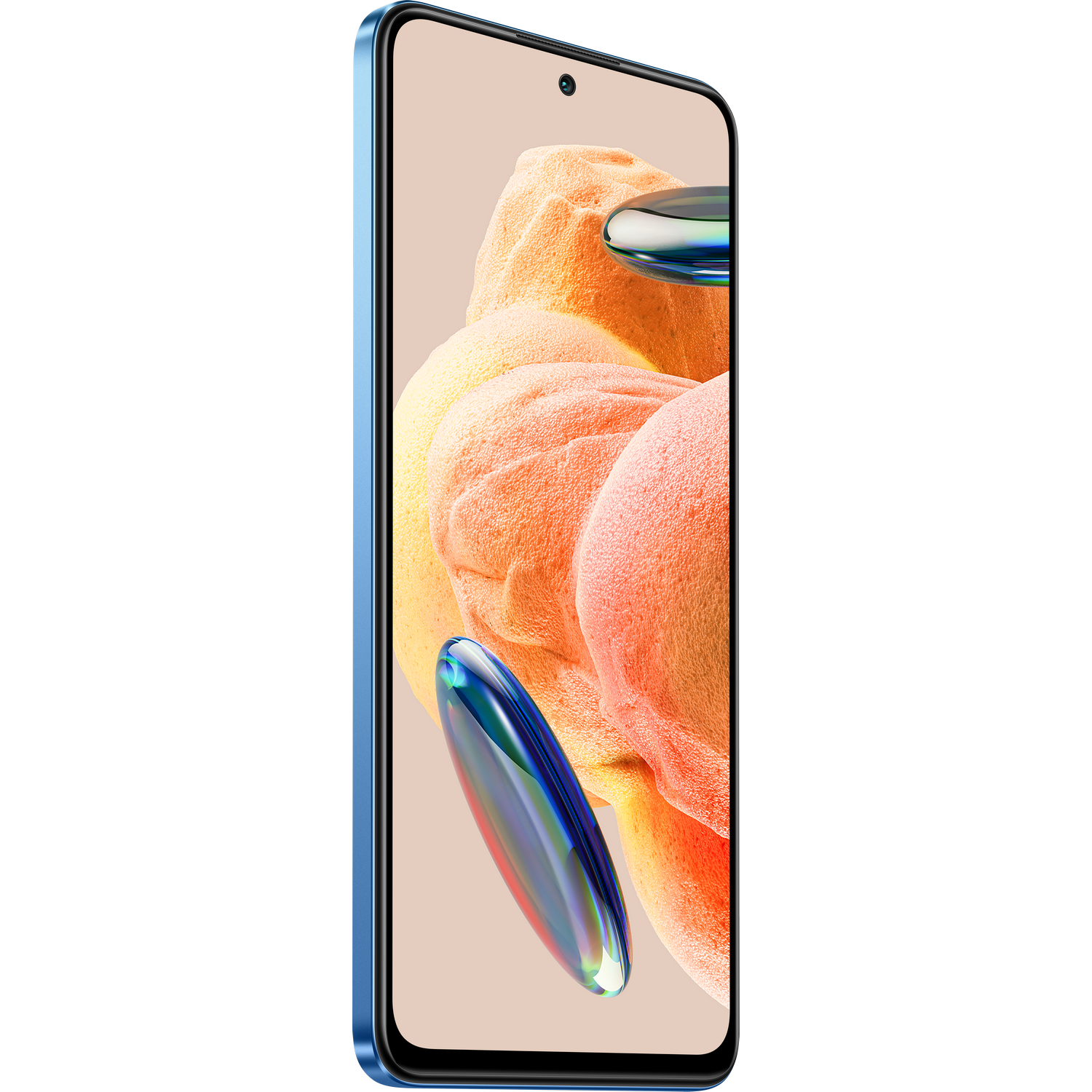 Blaues Smartphone mit gebogenem Display. Drei Linsen auf der Rückseite. Der Hintergrund ist orange und blau verschwommen.
