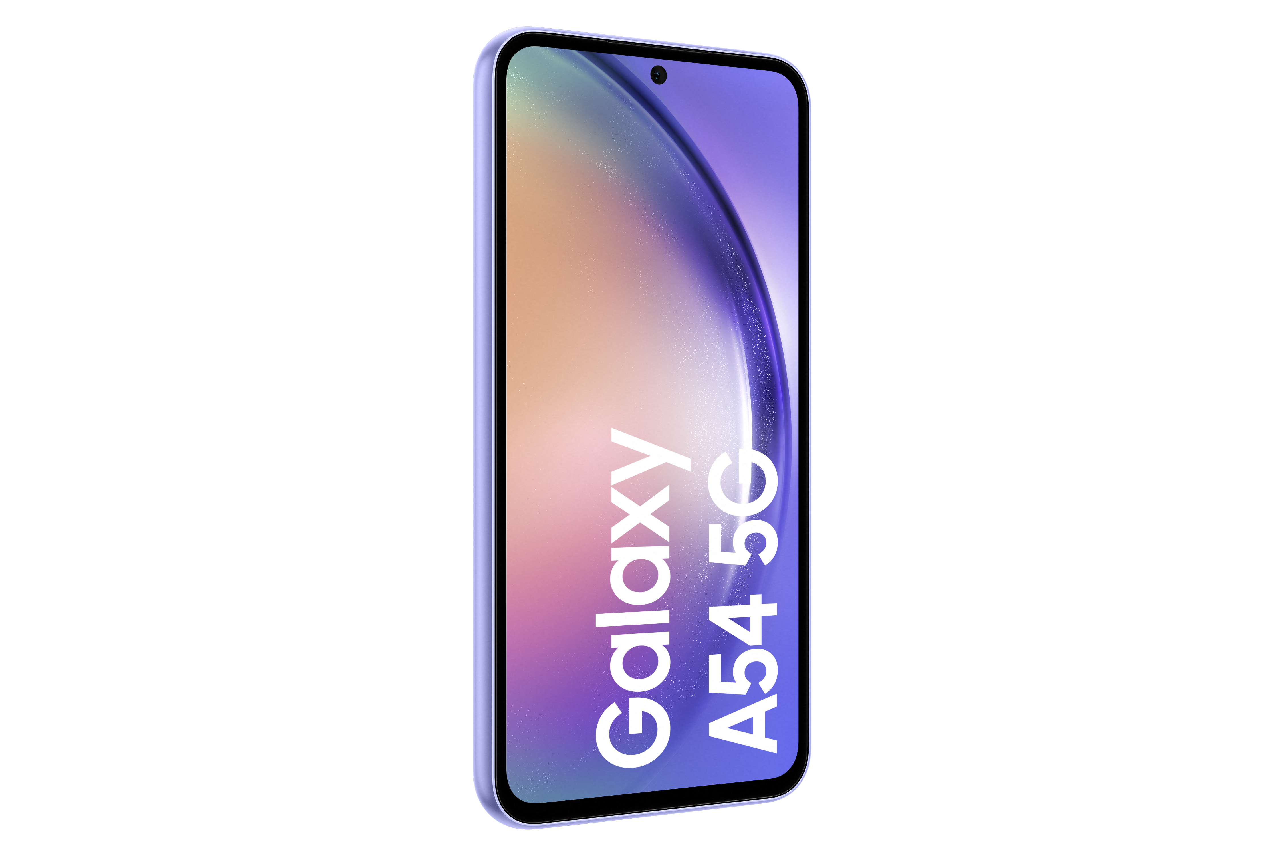 Telefon Samsung Galaxy A54 5G, czarna ramka, fioletowy ekran, biały tekst.