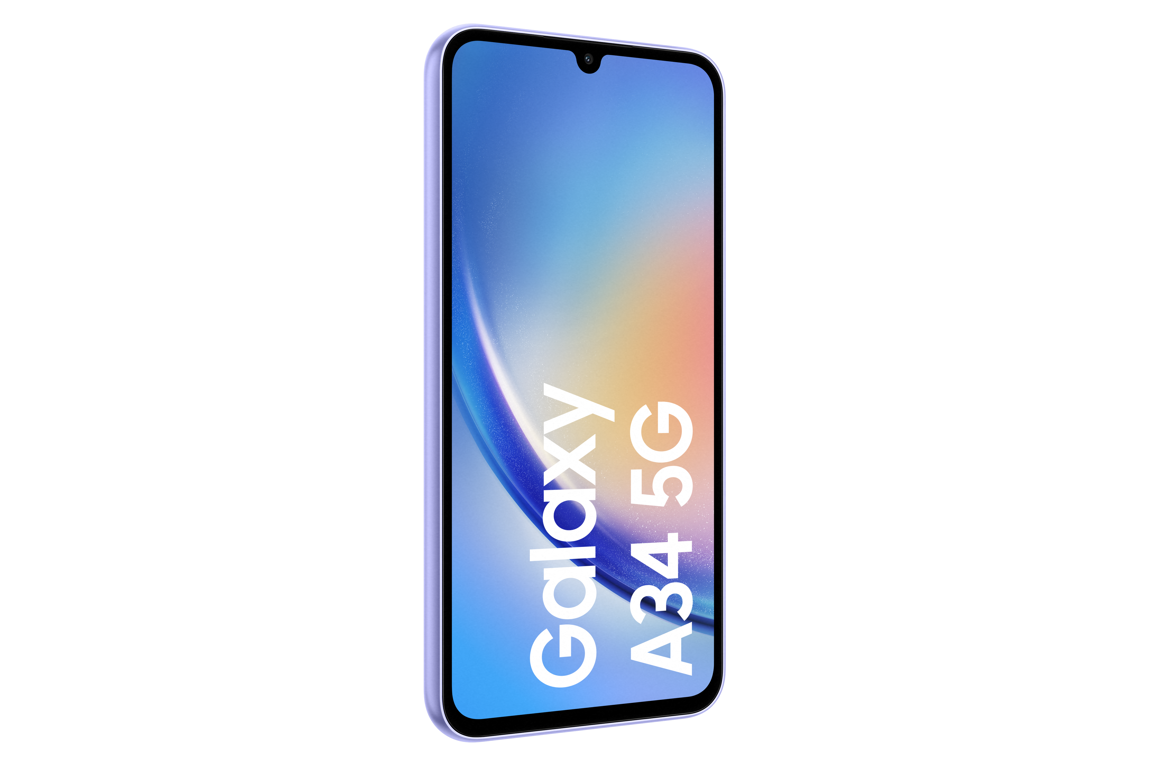 Fioletowy telefon Samsung Galaxy A34 5G. Telefon znajduje się na czarnym tle i ma na nim nazwę.