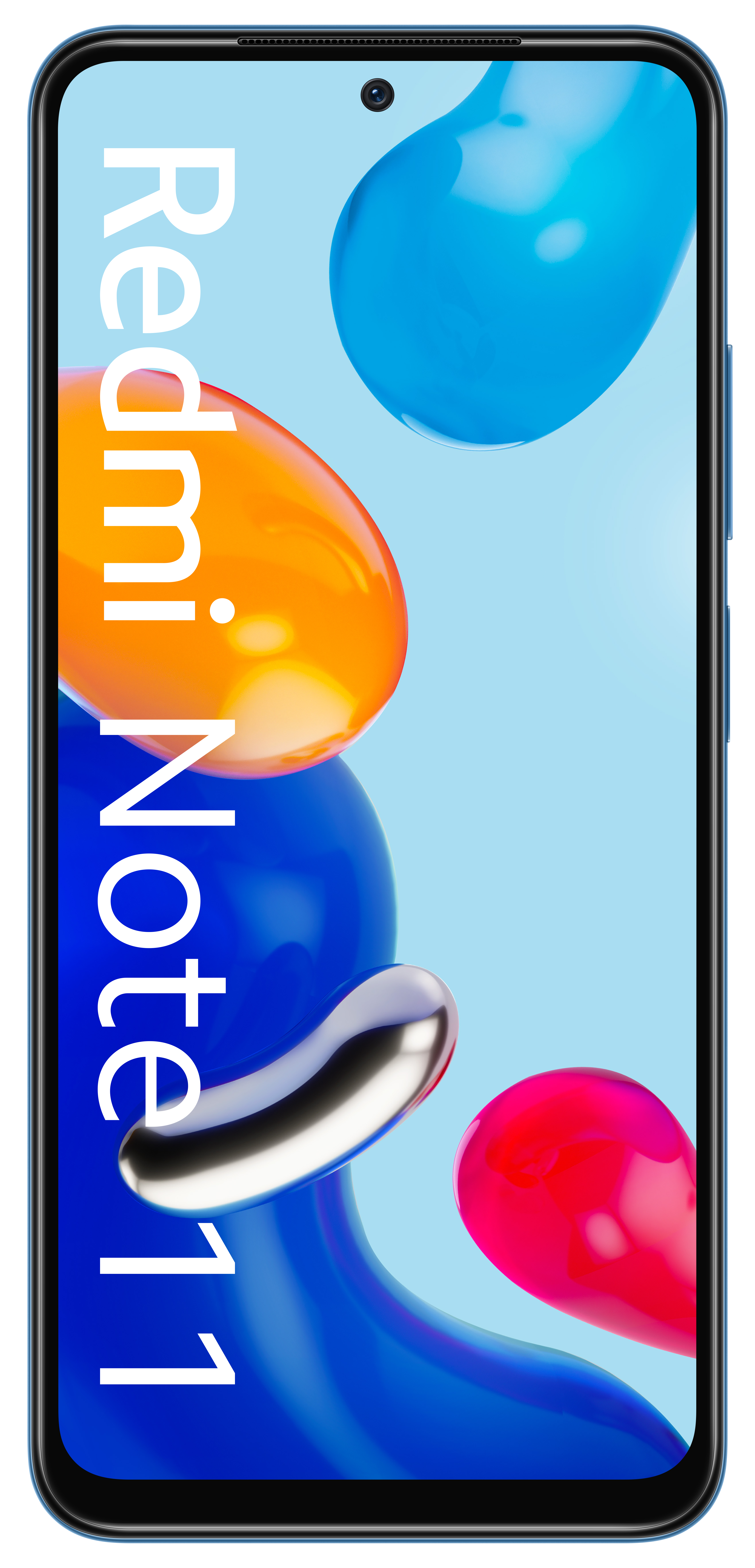 Smartfon redmi note 11. Ekran wyświetla nazwę telefonu i ma niebieskie i pomarańczowe kształty.