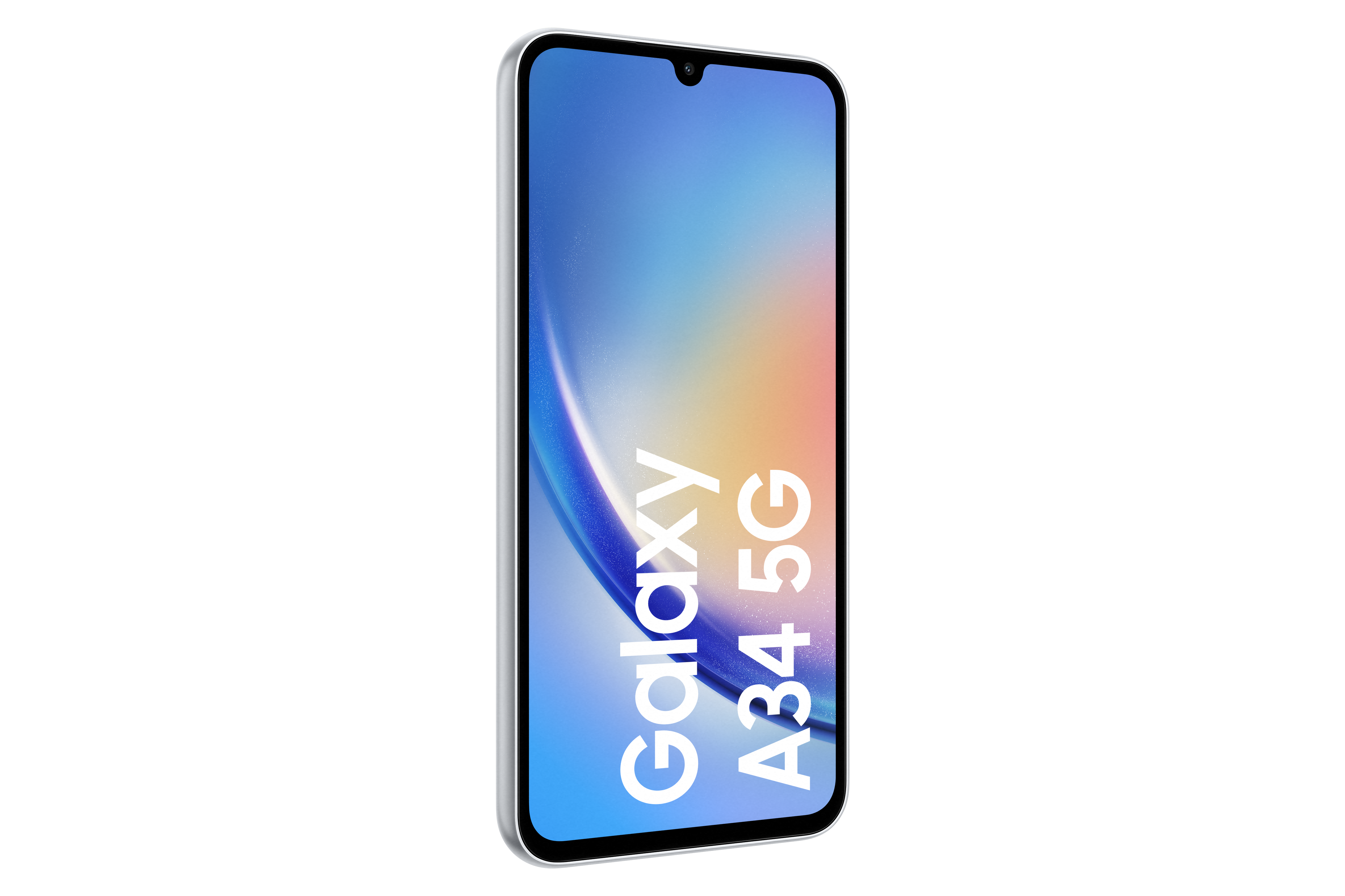 Biały smartfon z niebiesko-żółtym ekranem na czarnym tle.