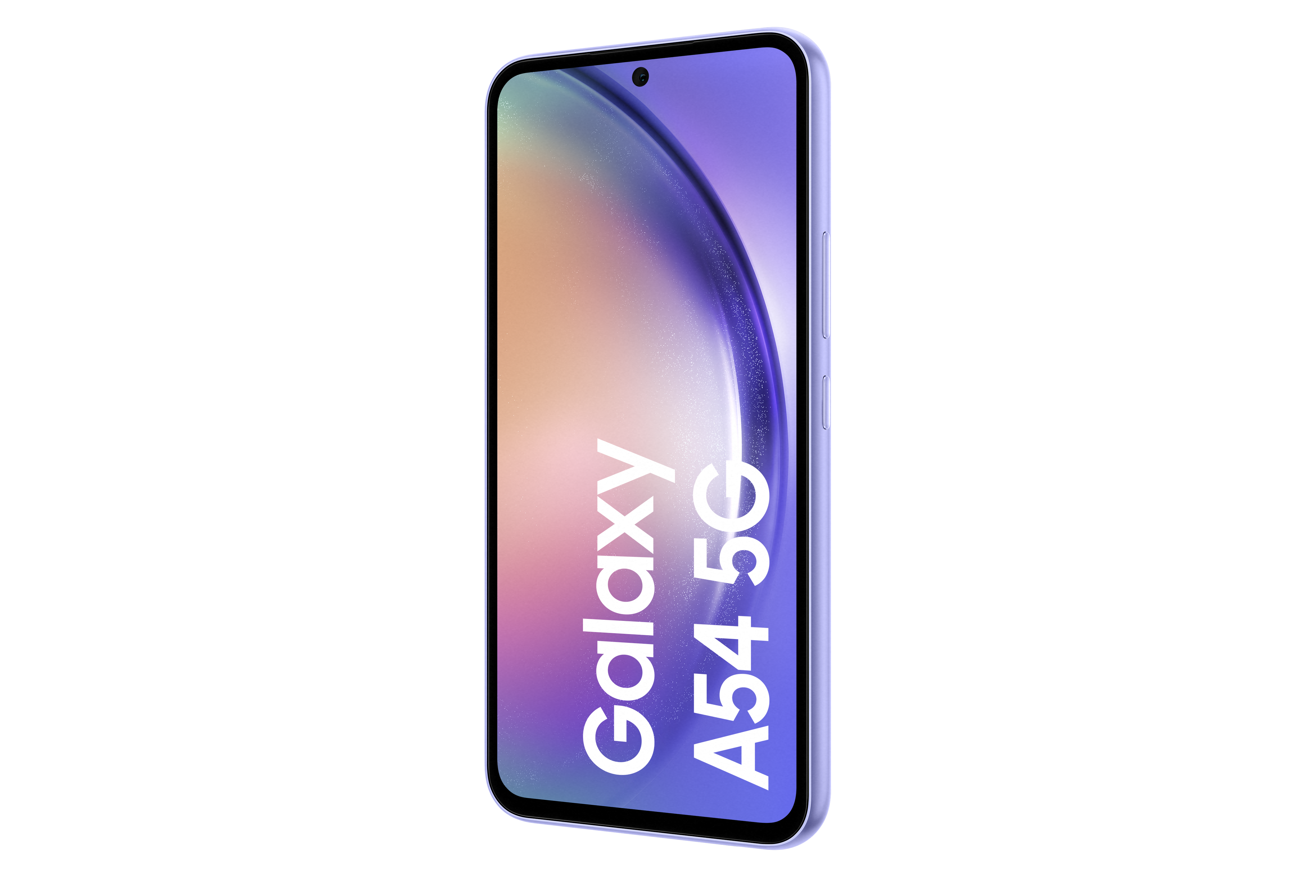 Fioletowy telefon Samsung Galaxy A54 5G. Ekran wyświetla nazwę i model telefonu.