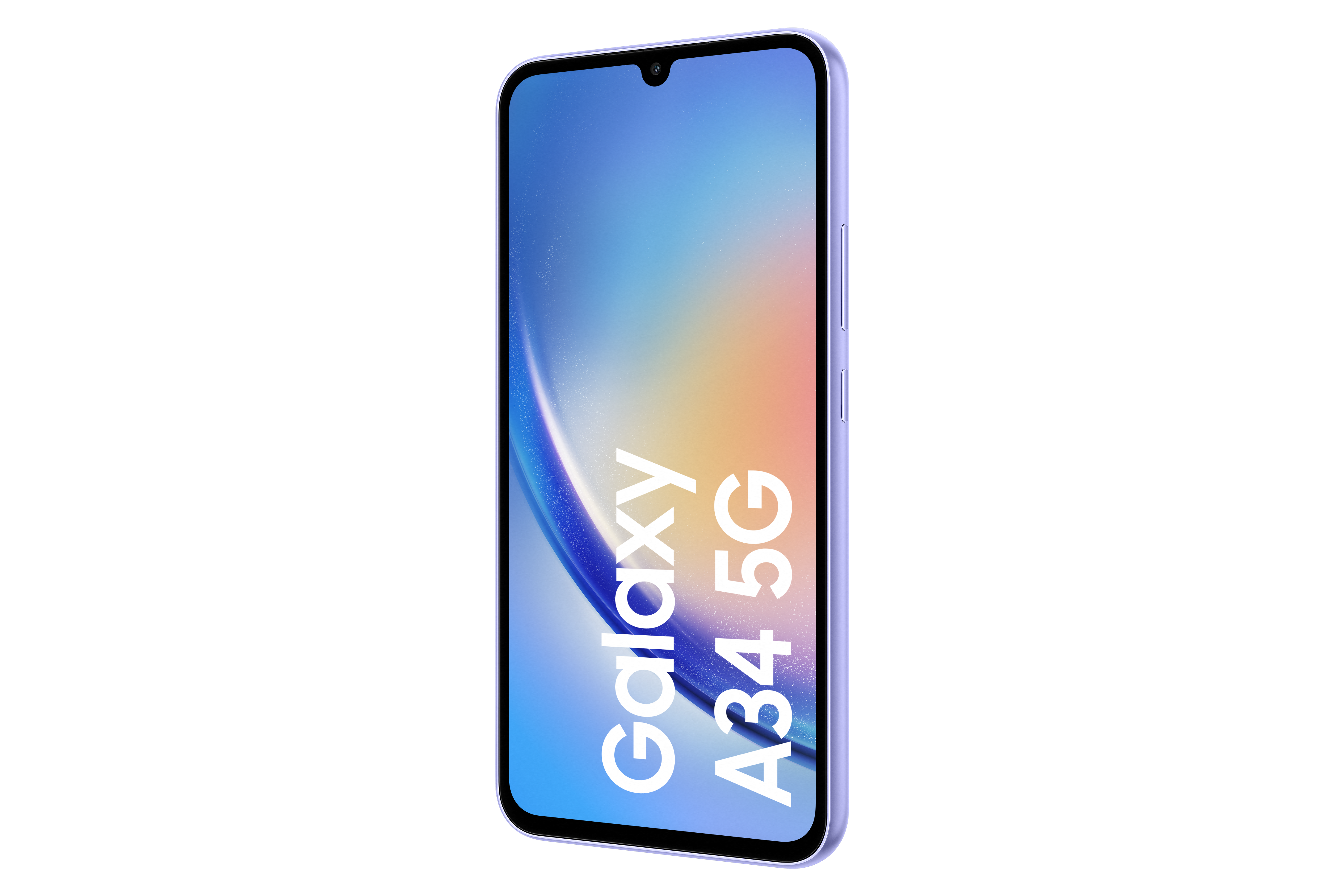 Niebieski smartfon Samsung Galaxy A34 5G na czarnym tle.