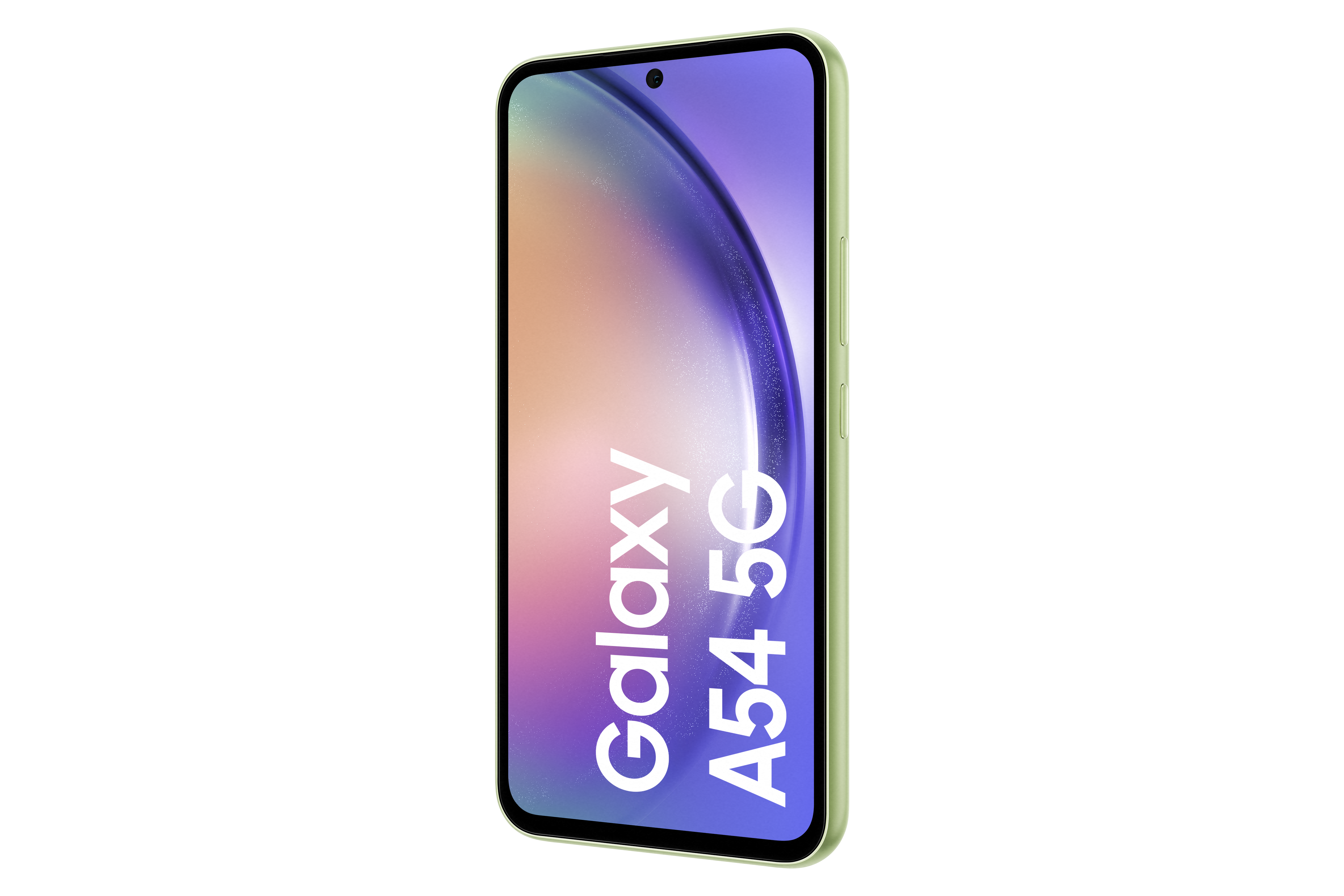 Zielony smartfon pod kątem, z tekstem 'Galaxy A54 5G' na ekranie. Czarne tło. Telefon jest ostry.