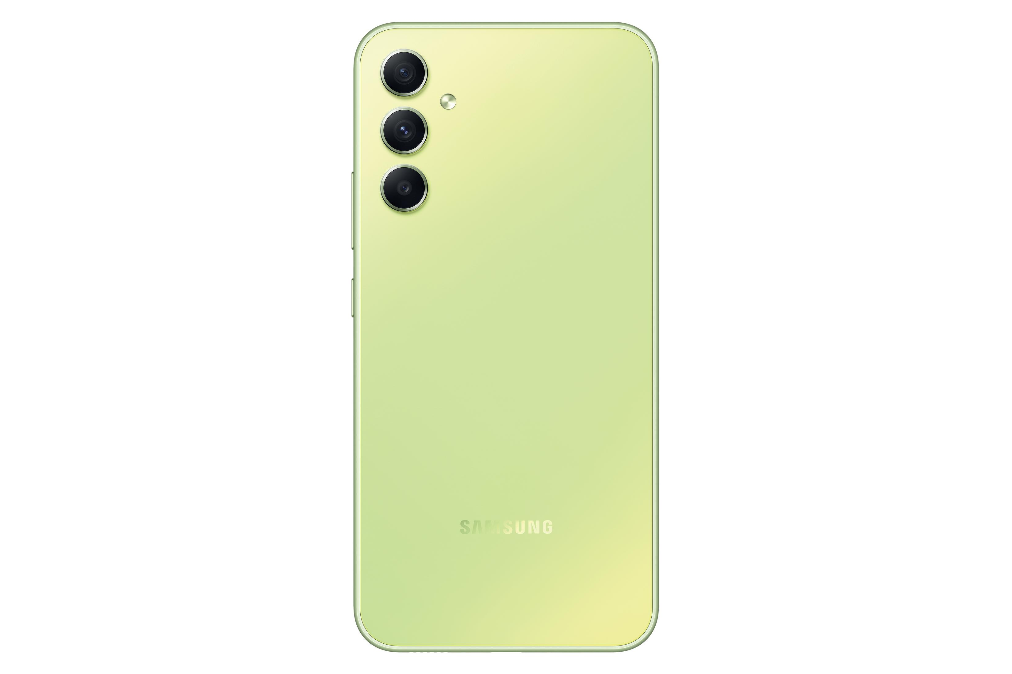 Die Rückseite eines hellgrünen Samsung-Smartphones mit drei vertikal ausgerichteten Kameras.