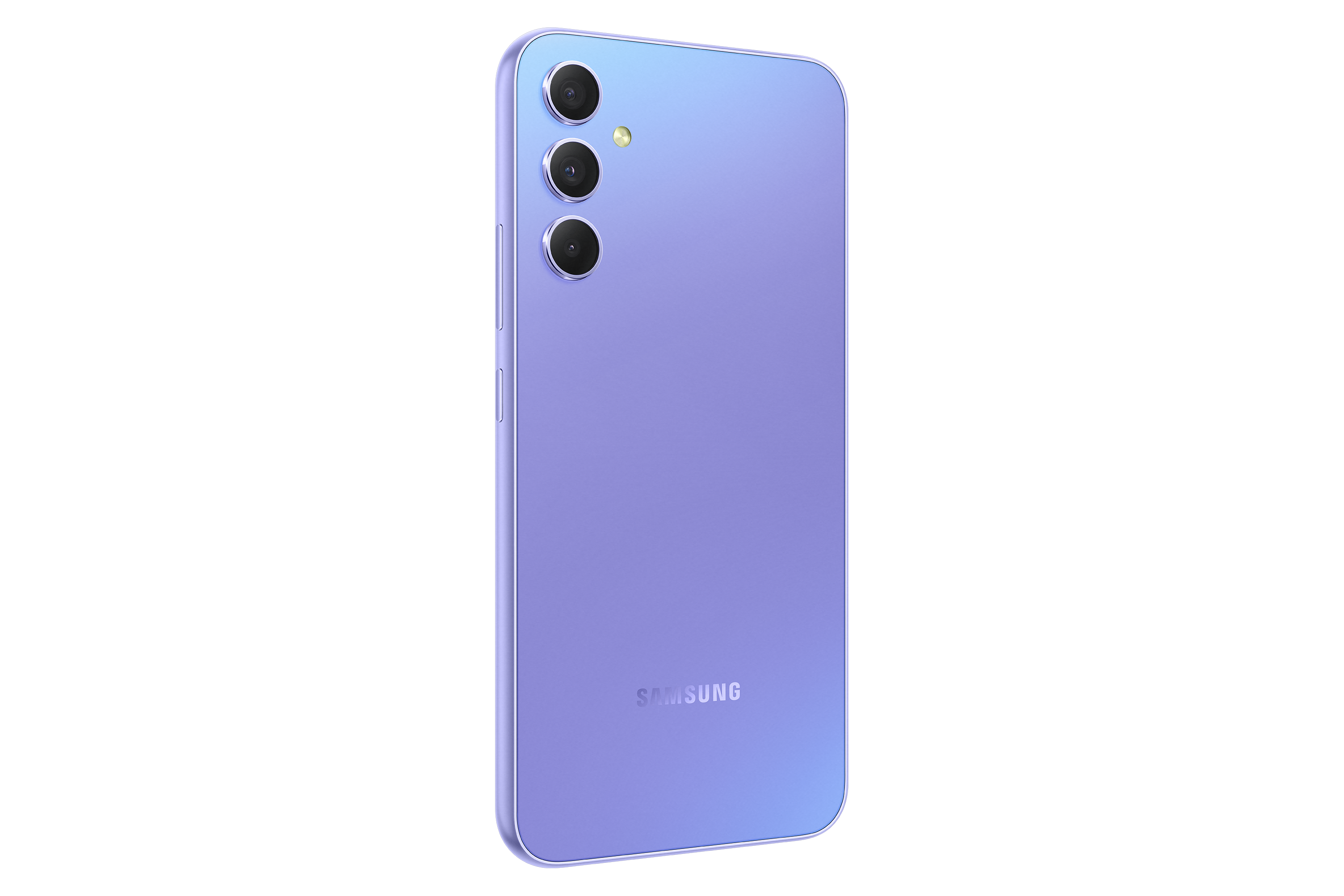 Liliowy telefon Samsung. Trzy tylne kamery. Czarne tło.