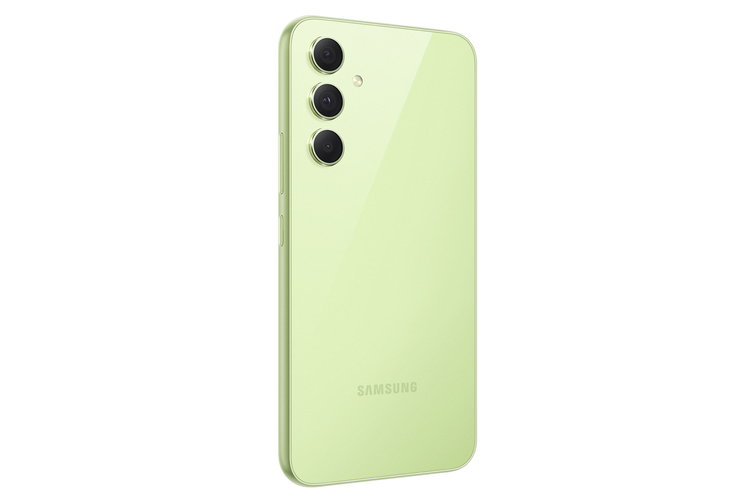 Widok z tyłu limonkowego smartfona, z trzema pionowo ułożonymi aparatami i logo SAMSUNG.