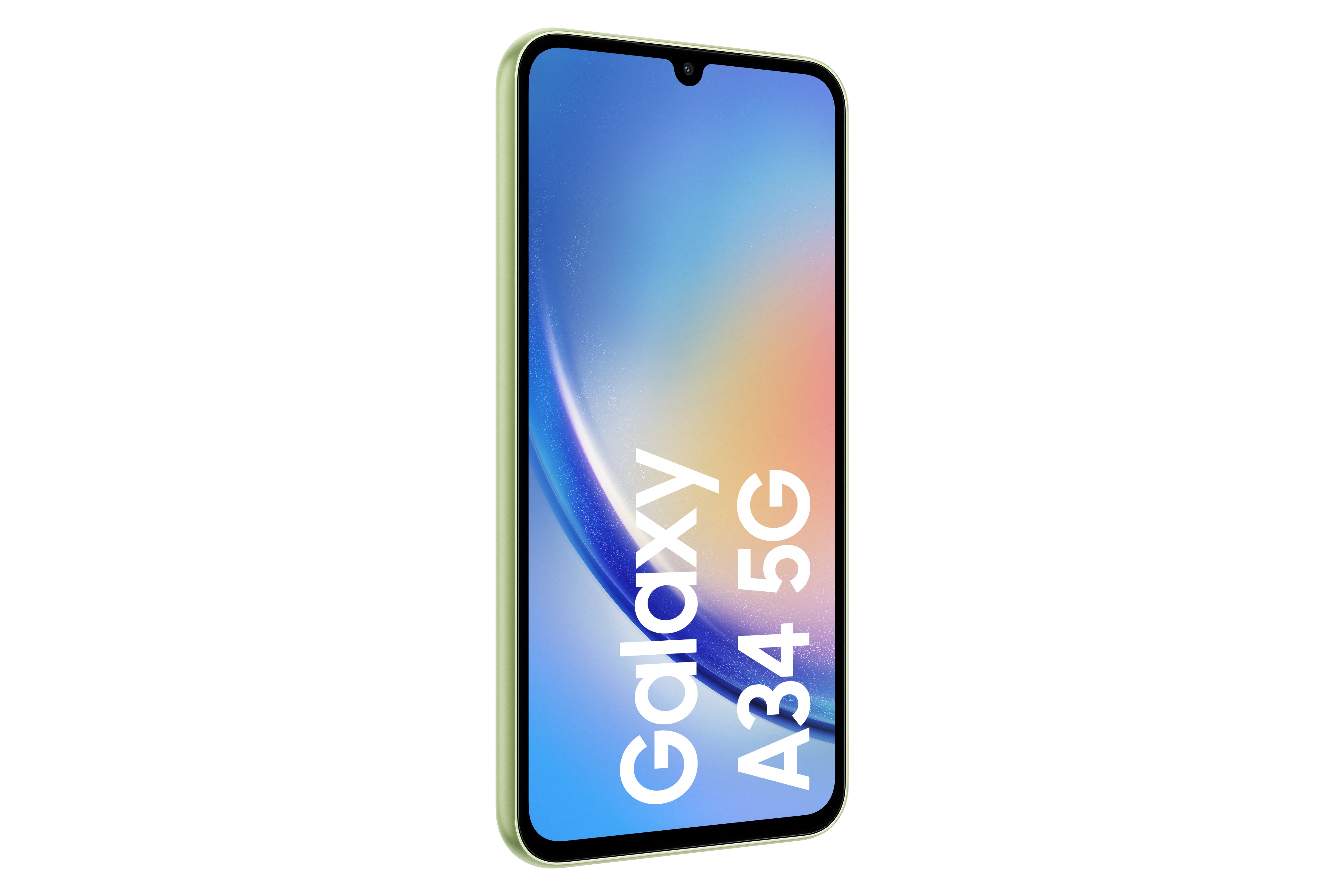 Ein hellgrünes Samsung Galaxy A34 5G Smartphone mit Text auf dem Bildschirm.