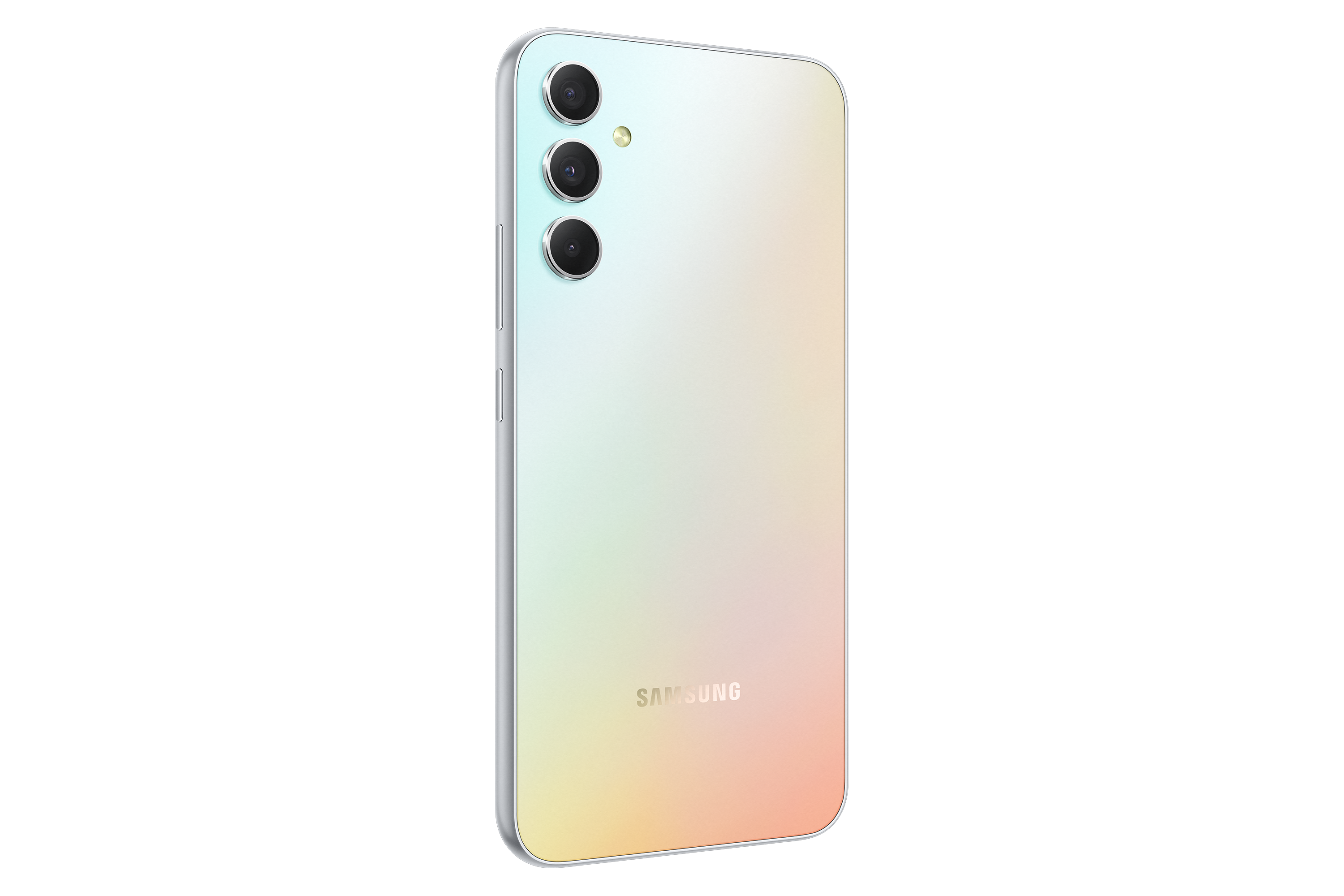 Biało-różowy telefon Samsung jest pokazany od tyłu, z trzema aparatami.