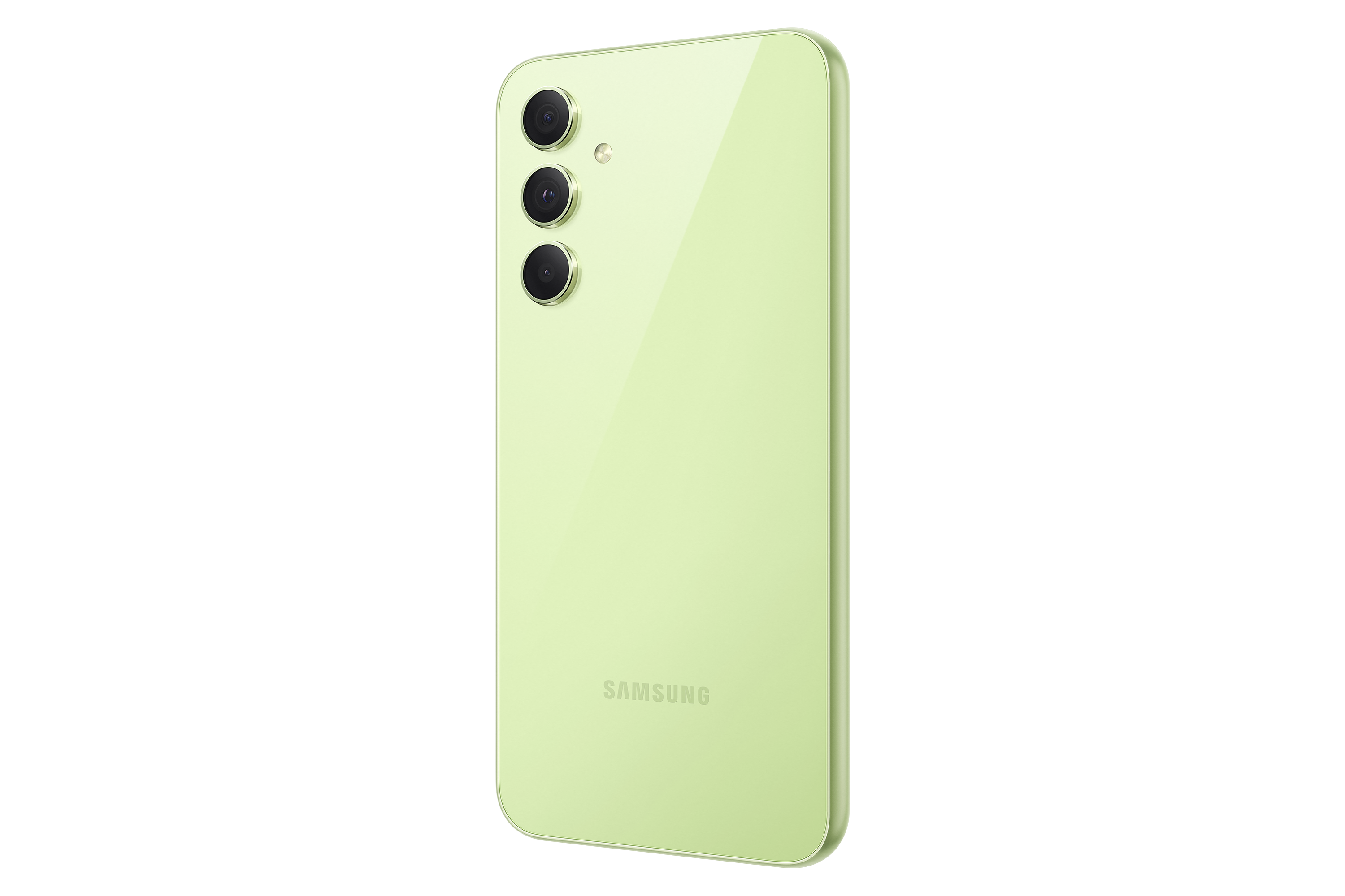 Zielony smartfon, widok z tyłu, z trzema aparatami, na czarnym tle.