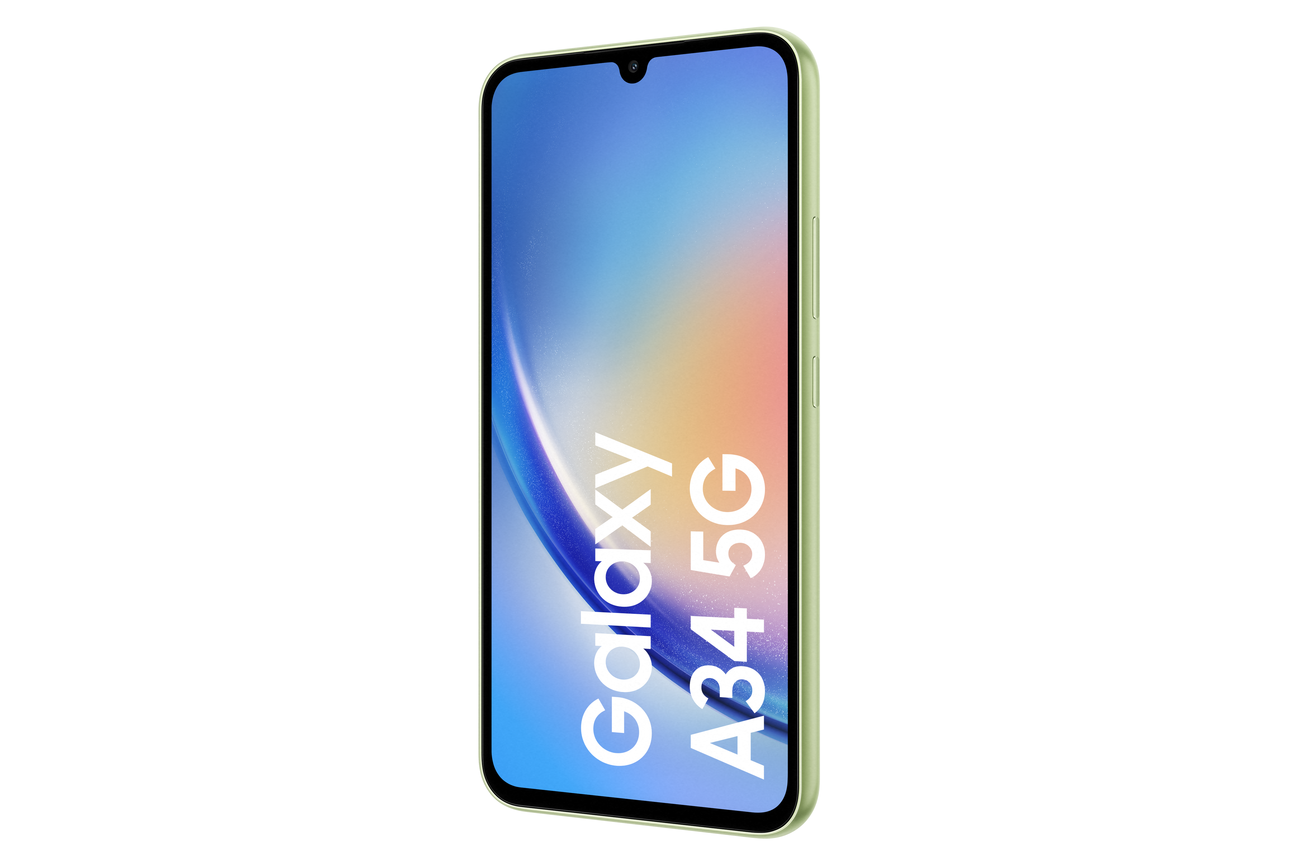 Grünes Samsung Galaxy A34 5G Telefon auf schwarzem Hintergrund.