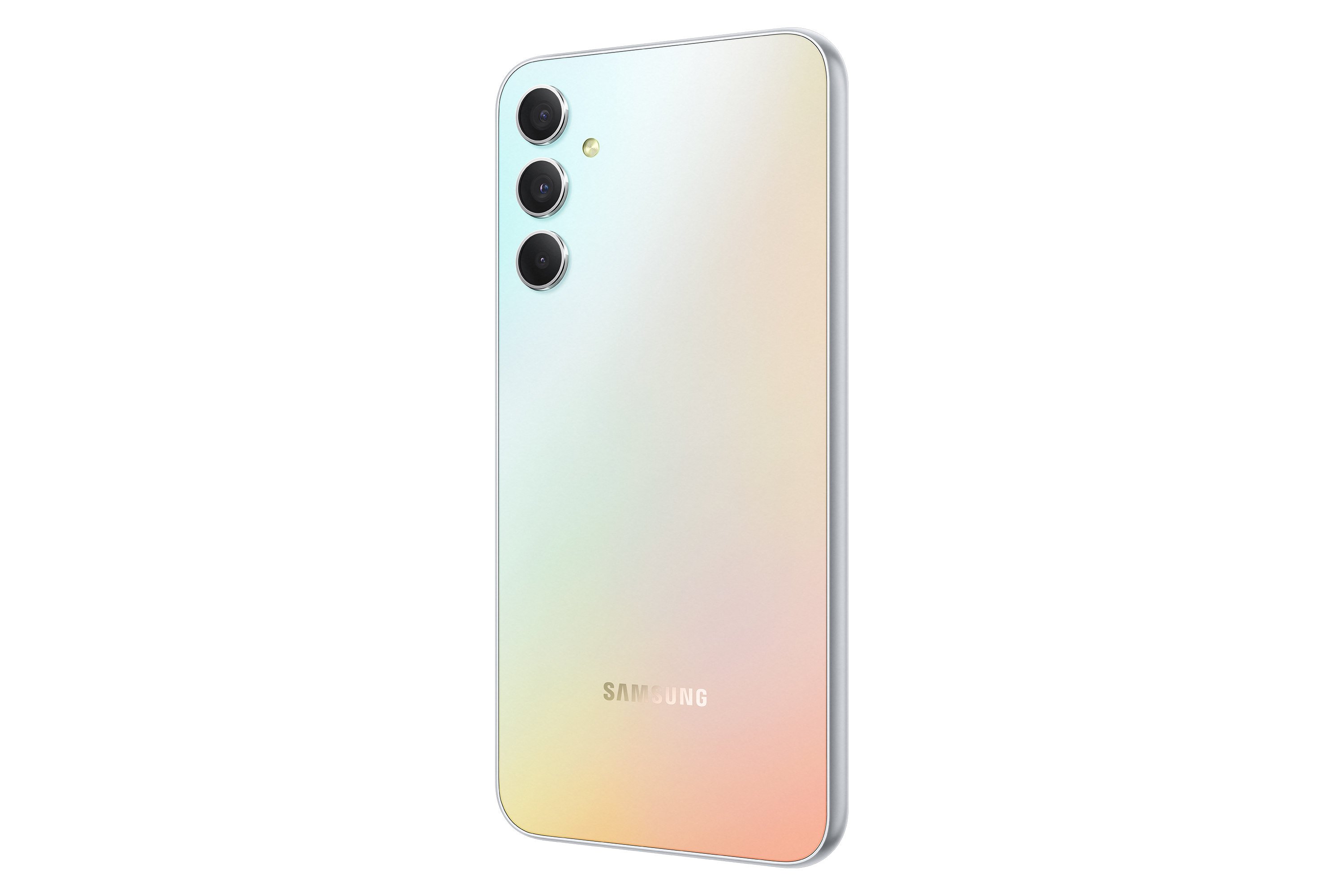 Tył smartfona w gradientach bieli, żółci i różu z trzema aparatami.