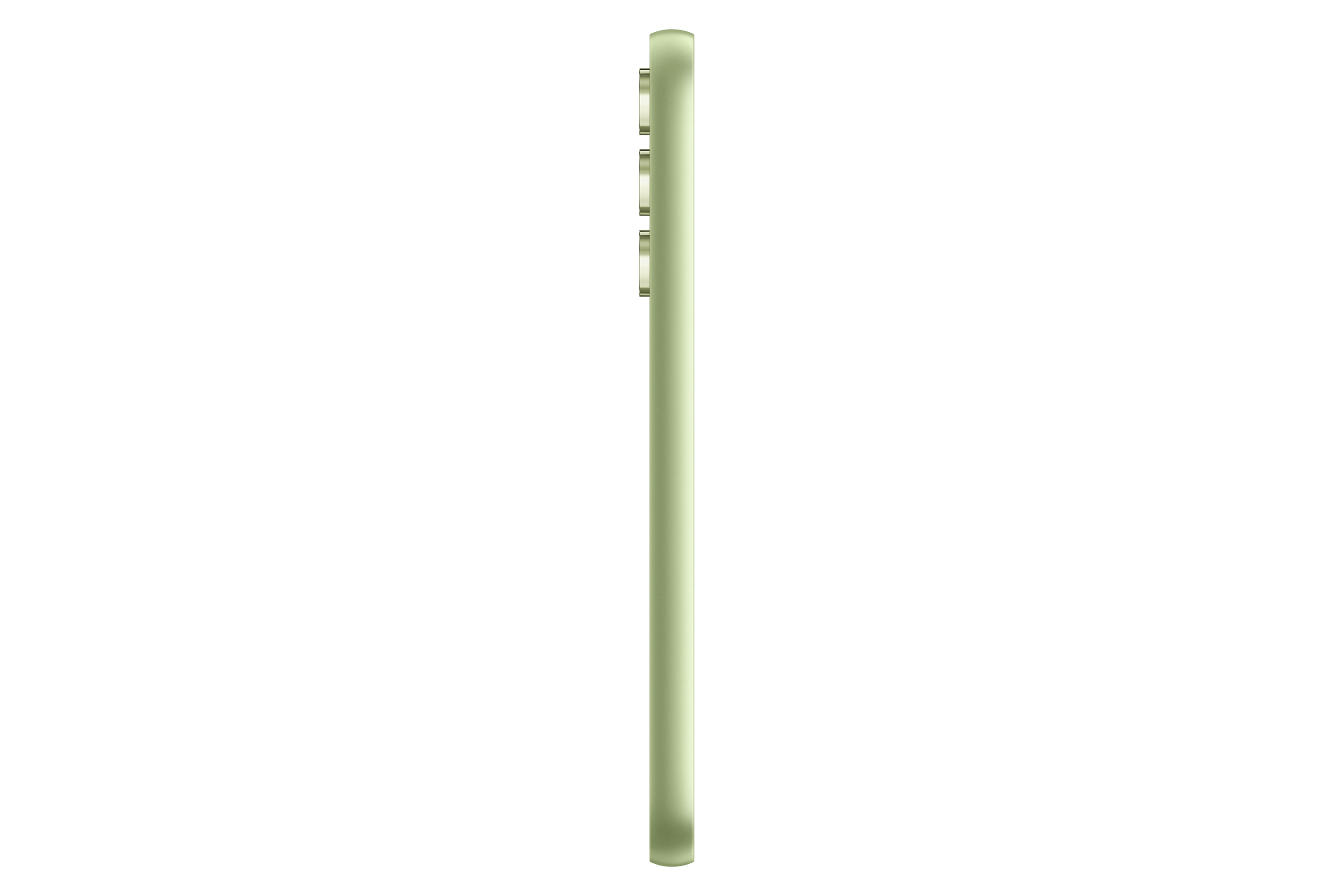 Zielony smartfon z boku. Widoczny zestaw kamer. Elegancki design. Czarne tło.