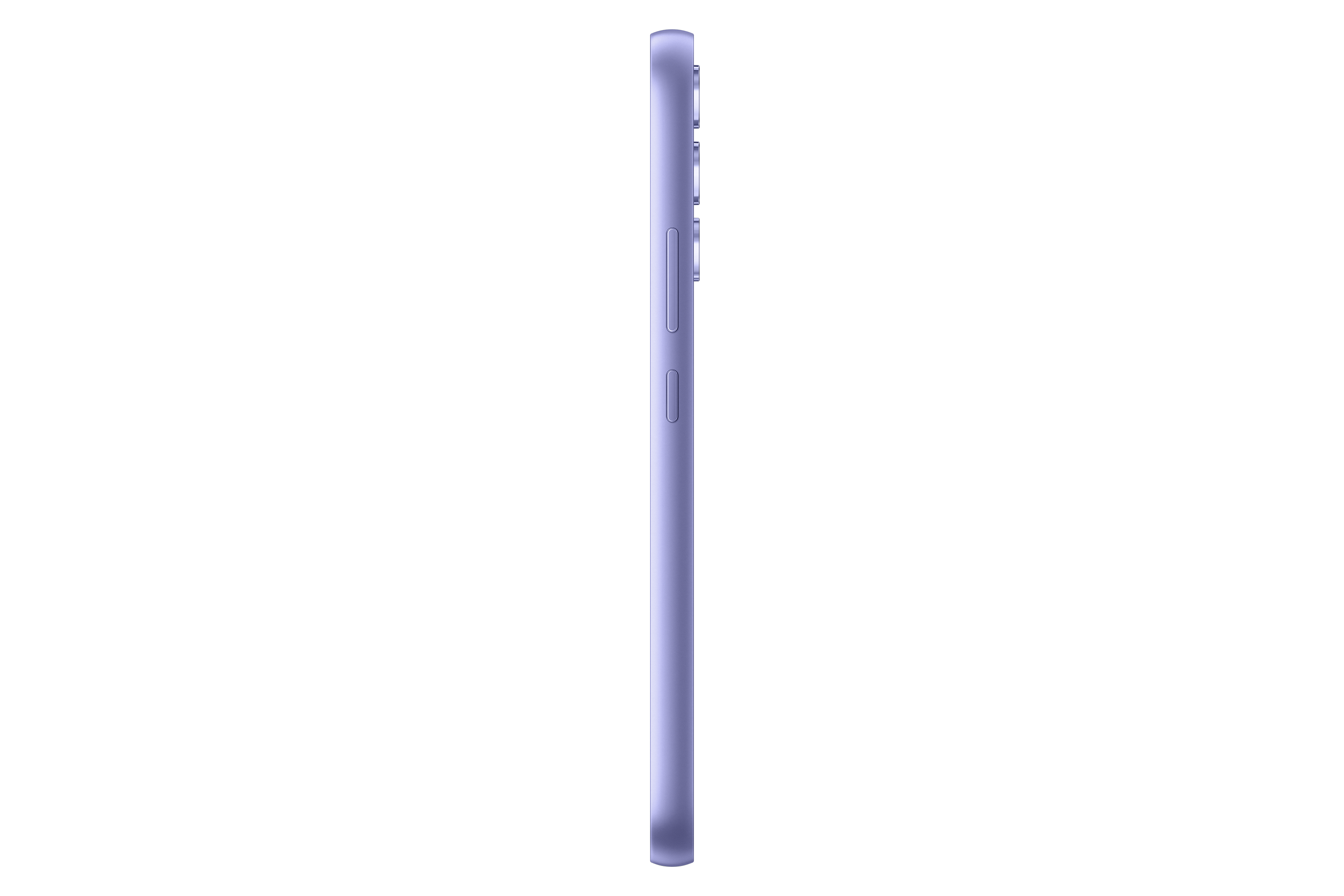 Profil boczny lawendowego smartfona z przyciskami z boku i czarnym tłem.