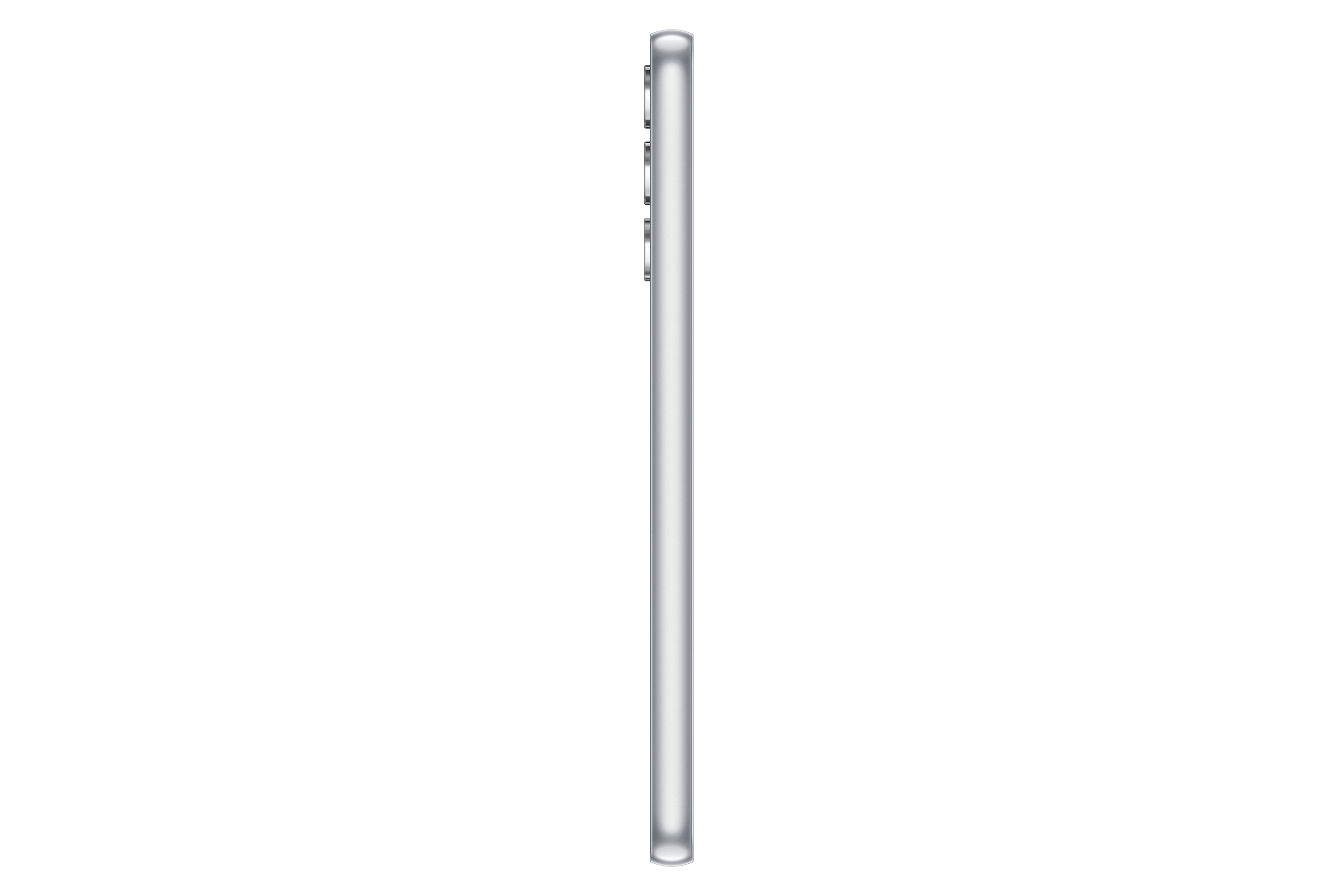 Widok z boku smukłego srebrnego smartfona na czarnym tle.