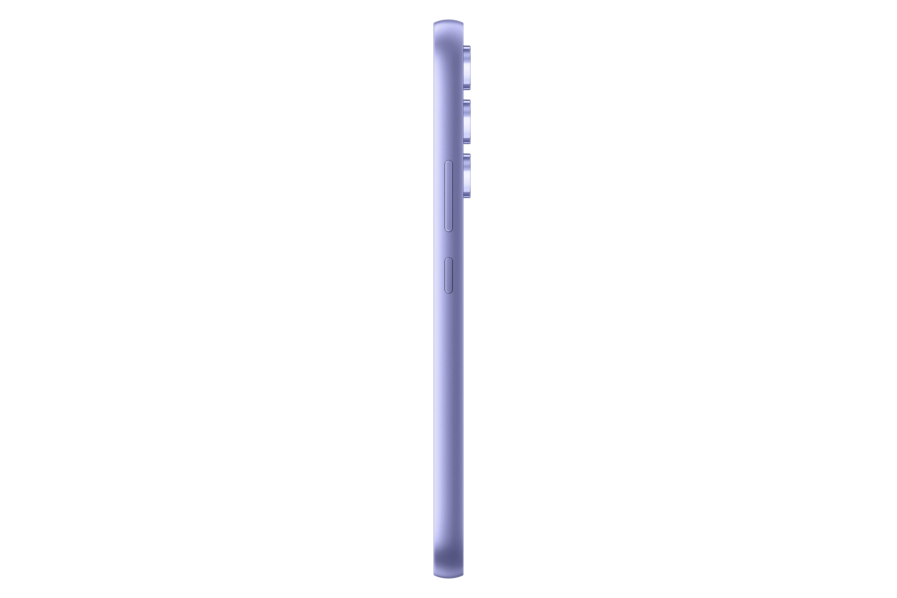 Widok z boku fioletowego smartfona z obiektywami aparatu, na czarnym tle.