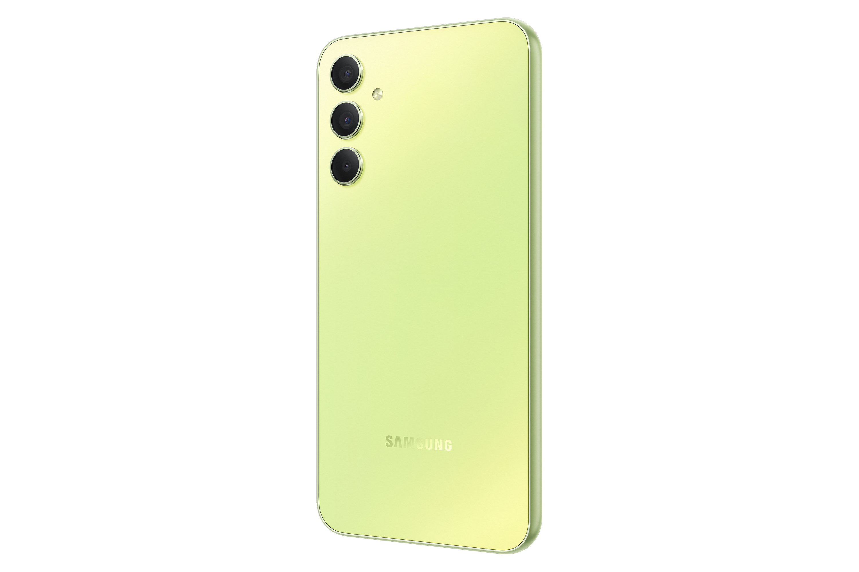 Limetten-grünes Samsung-Handy, nach rechts geneigt, mit drei Rückkameras, vor schwarzem Hintergrund.