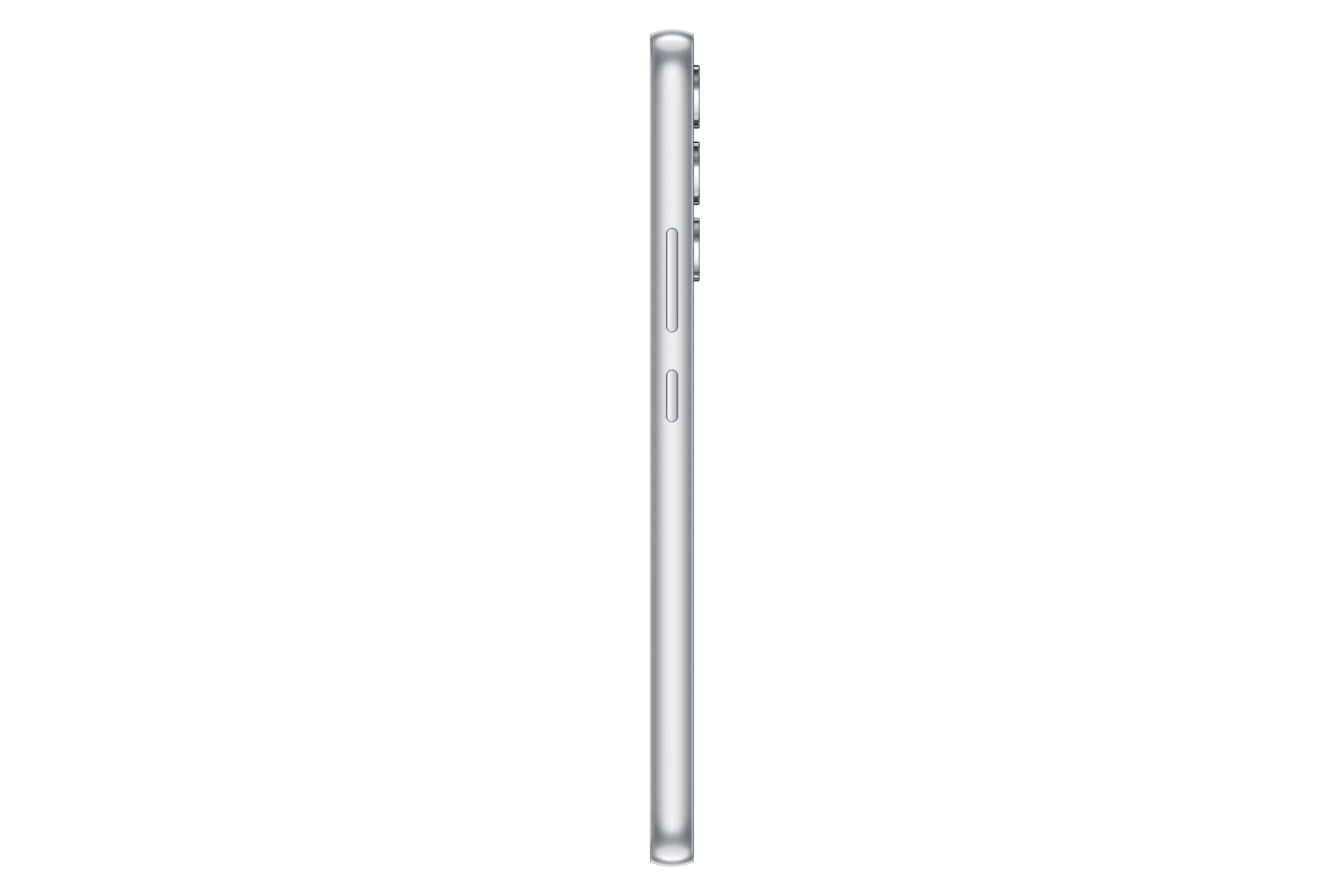 Srebrny telefon komórkowy, widok z boku, na czarnym tle, elegancki design.