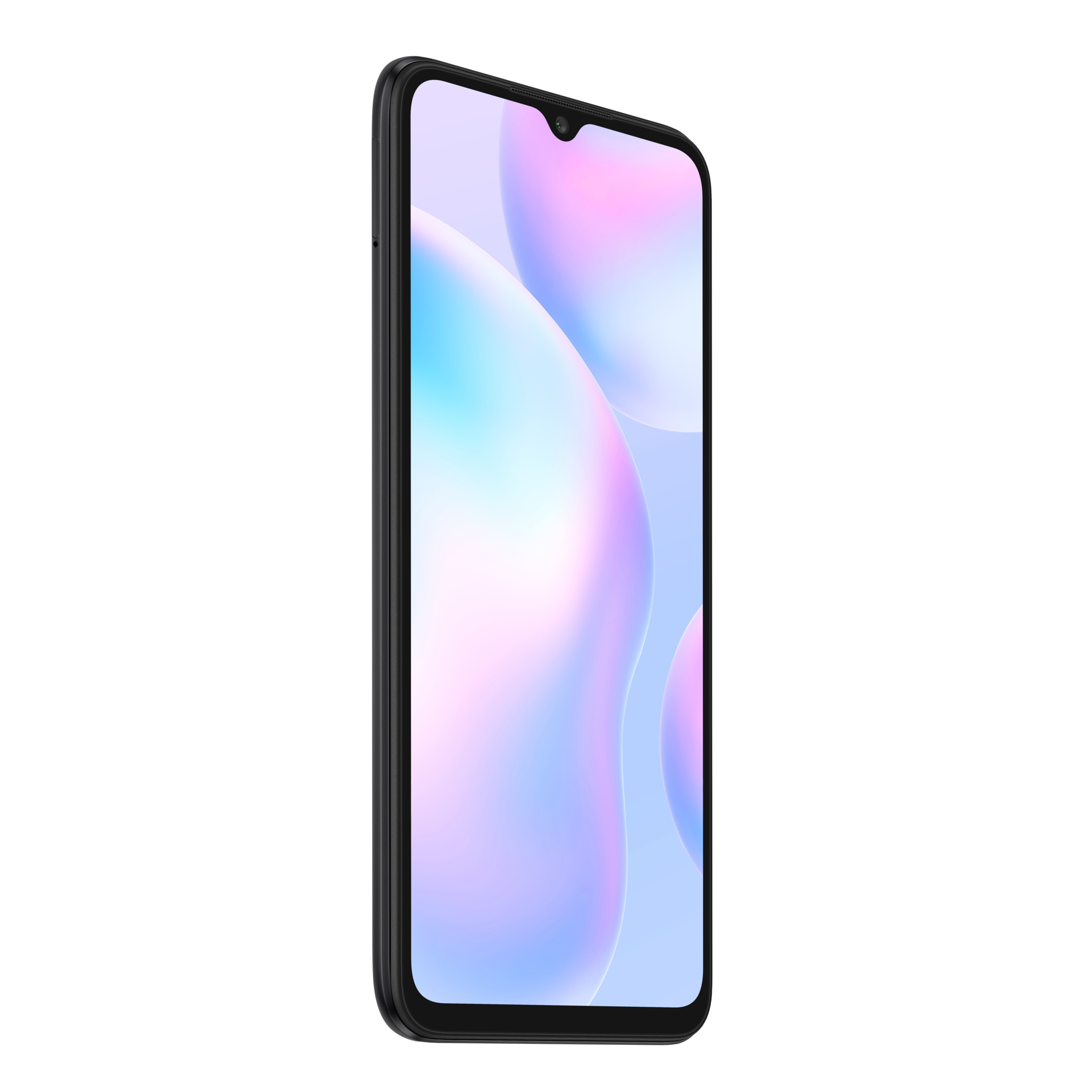 Uno smartphone nero con un grande schermo, che mostra uno sfondo astratto colorato.
