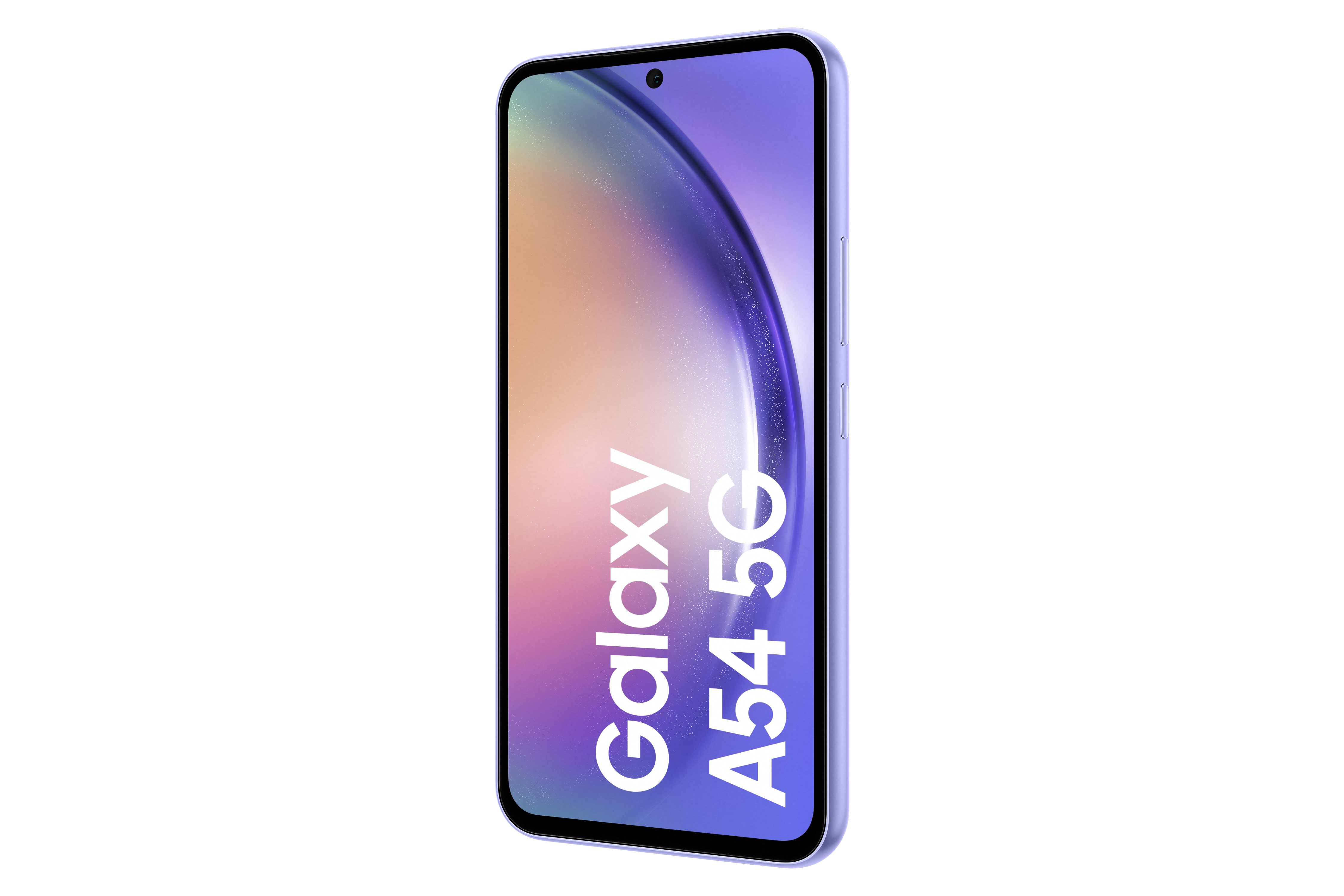 Telefono Samsung Galaxy A54 5G, colore lilla chiaro. Il telefono è mostrato di lato.