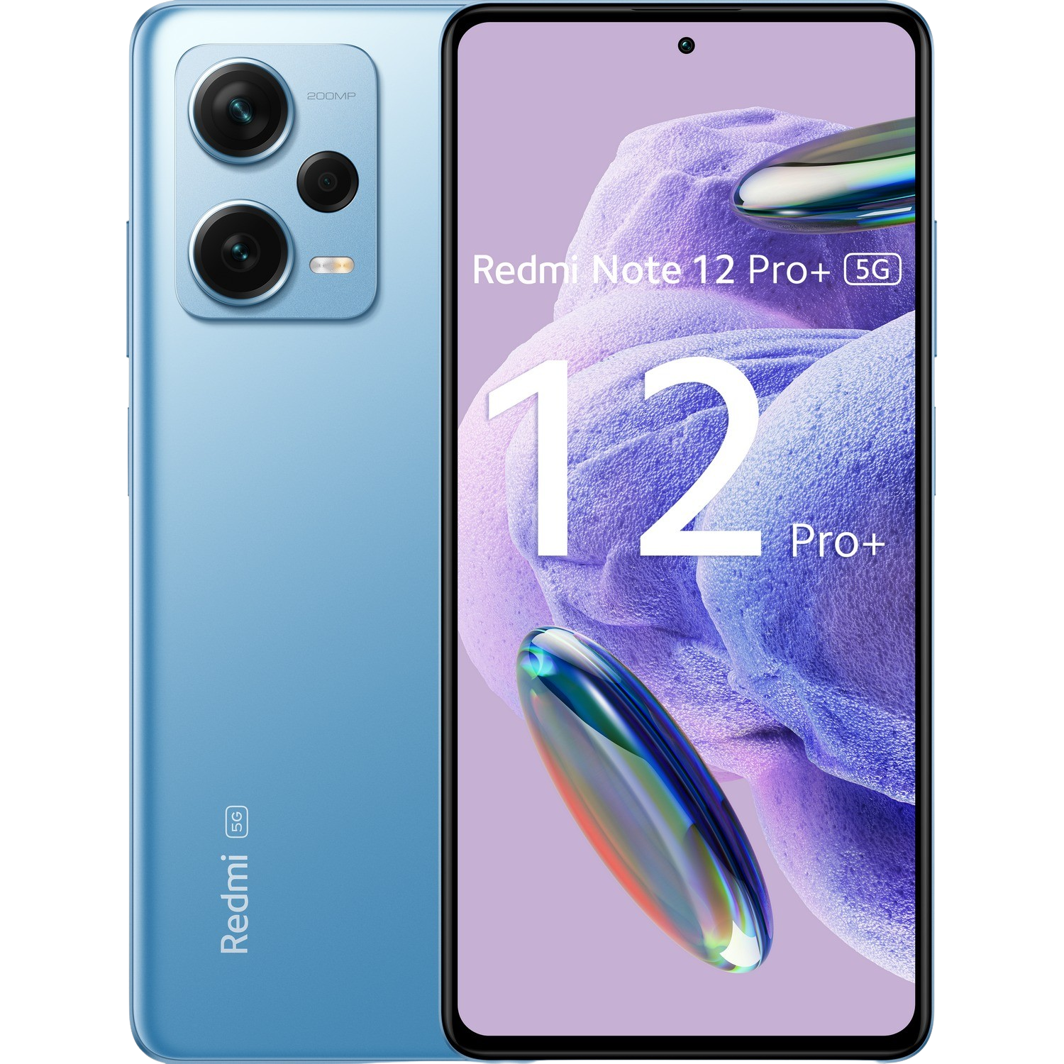 Niebieski telefon Redmi Note 12 Pro+ 5G z wypukłością kamery i widocznym tyłem i przodem.