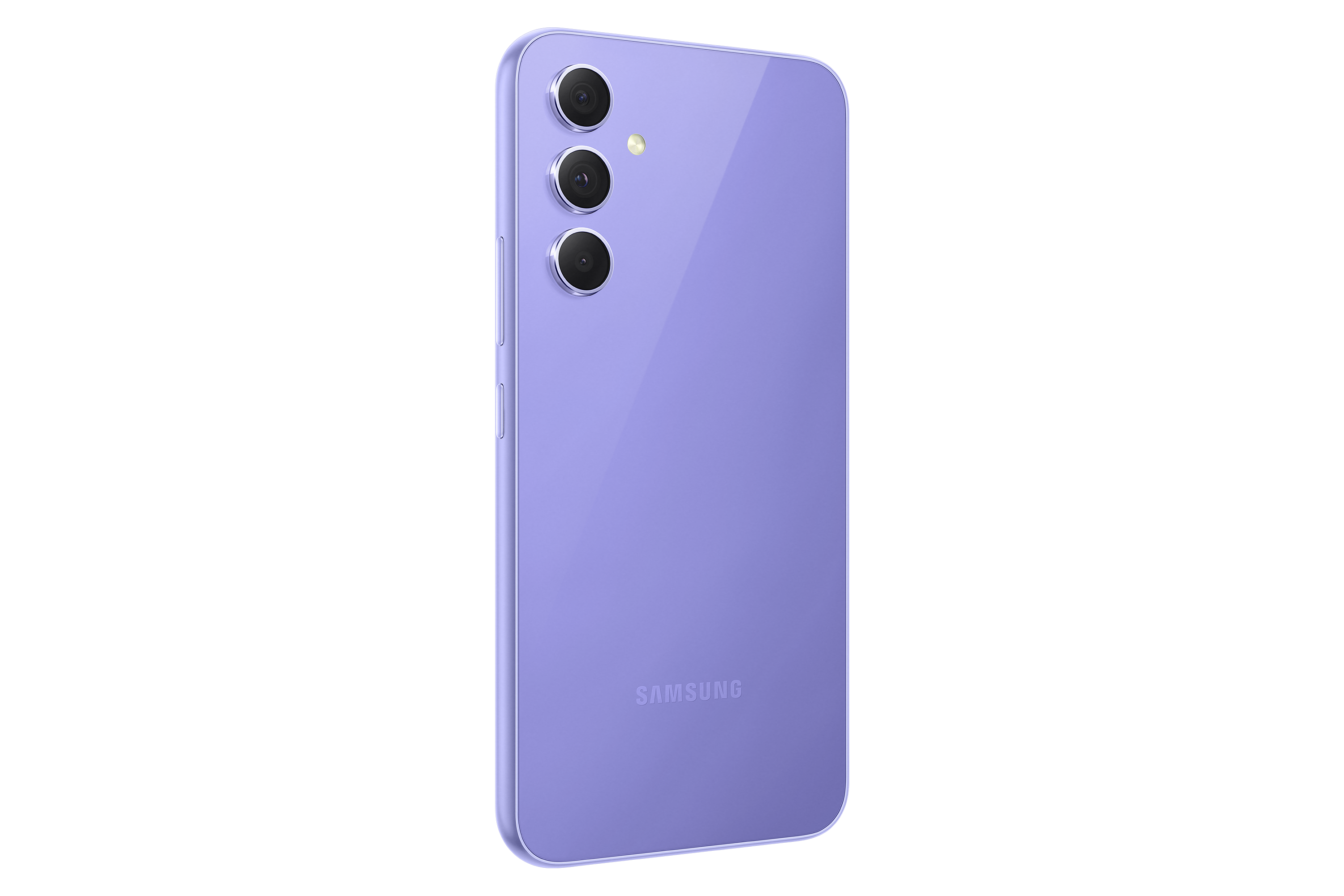 Telefono Samsung Galaxy viola, la parte posteriore è visibile. Tre obiettivi della fotocamera e logo Samsung. Sfondo nero.
