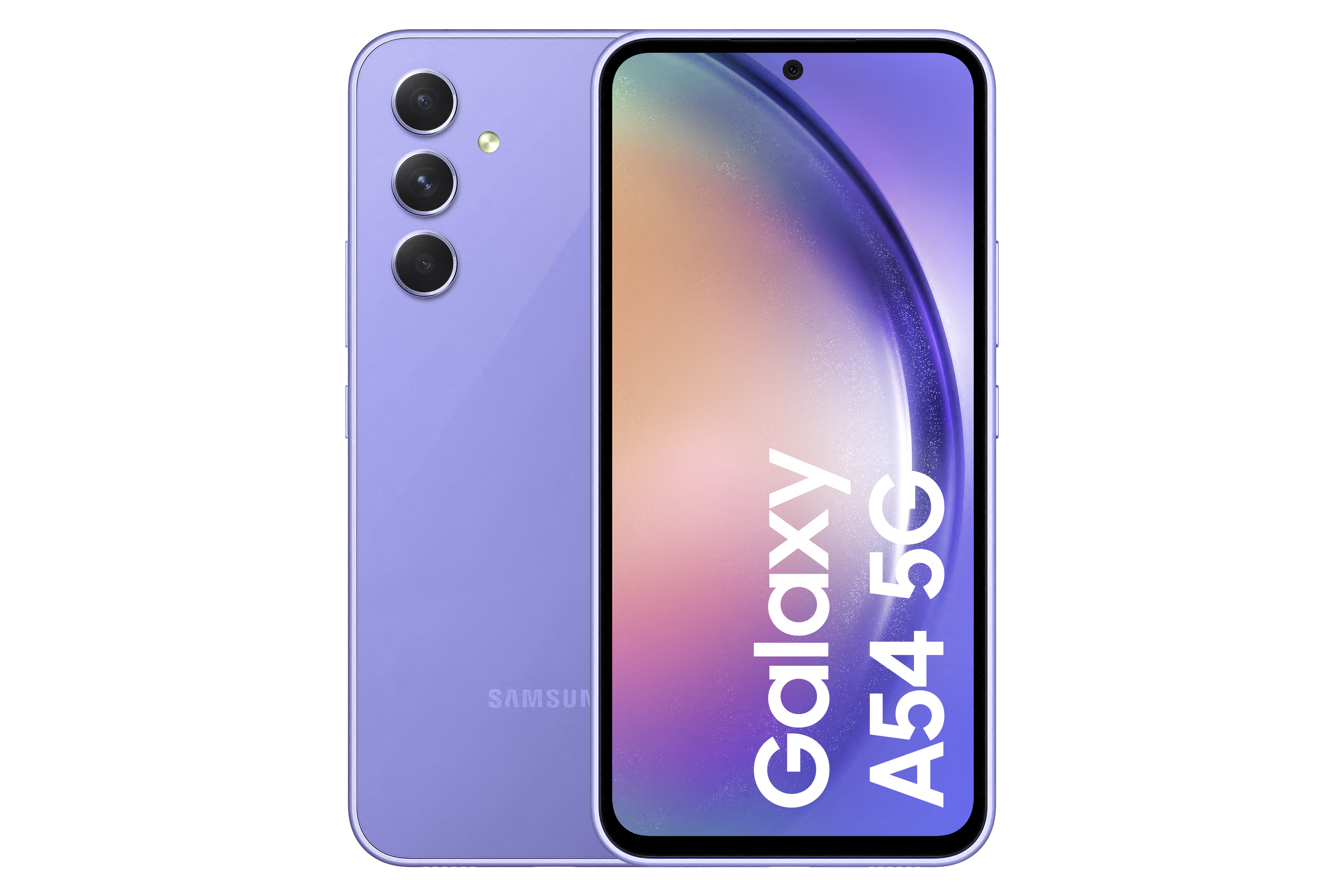 Uno smartphone viola Samsung Galaxy A54 5G, che mostra fronte e retro.