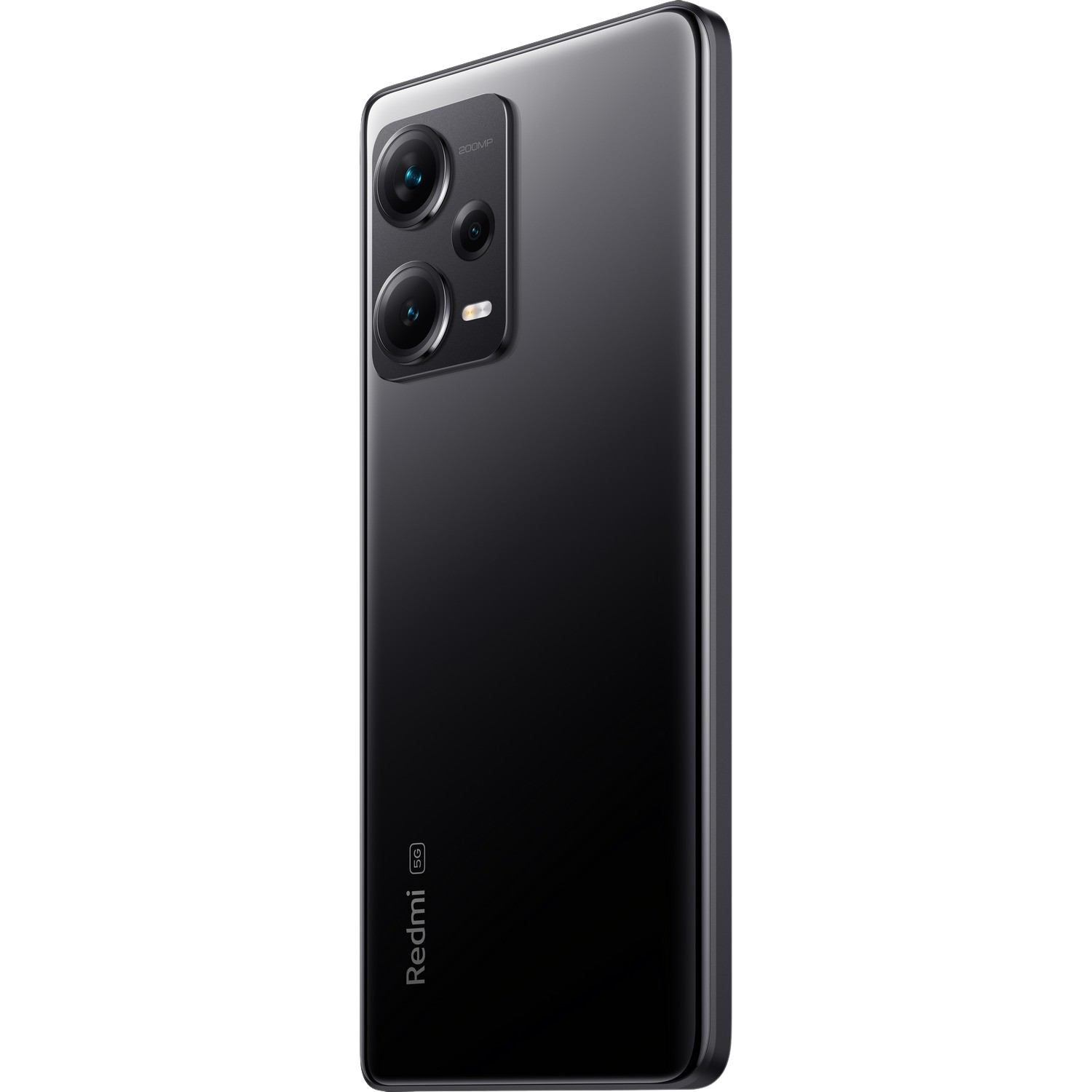 Czarny telefon Redmi z wieloma tylnymi aparatami. Telefon jest ustawiony pod kątem, na czarnym tle.