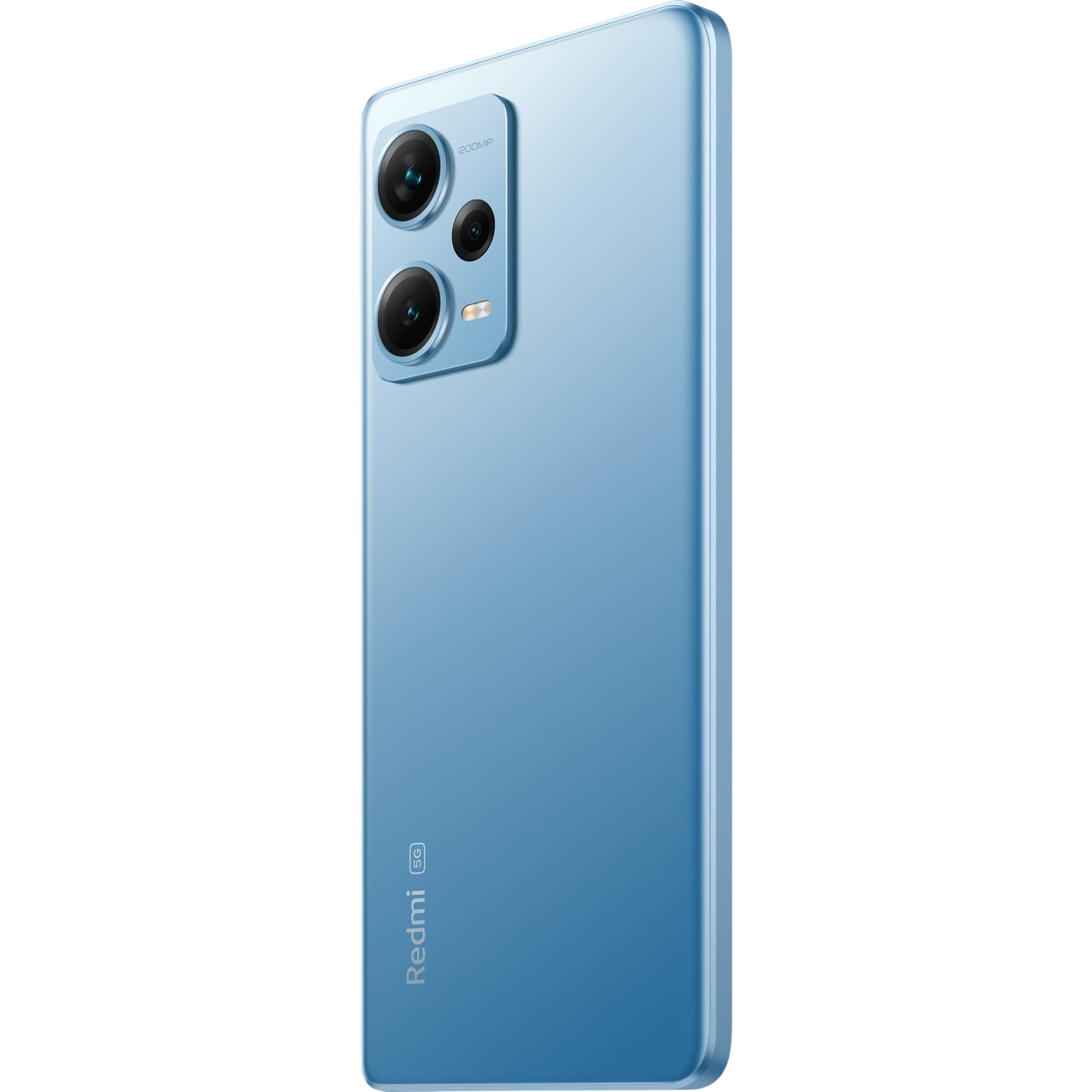 Niebieski telefon Redmi 5G. Tył ma kamery i logo Redmi. Czarne tło.