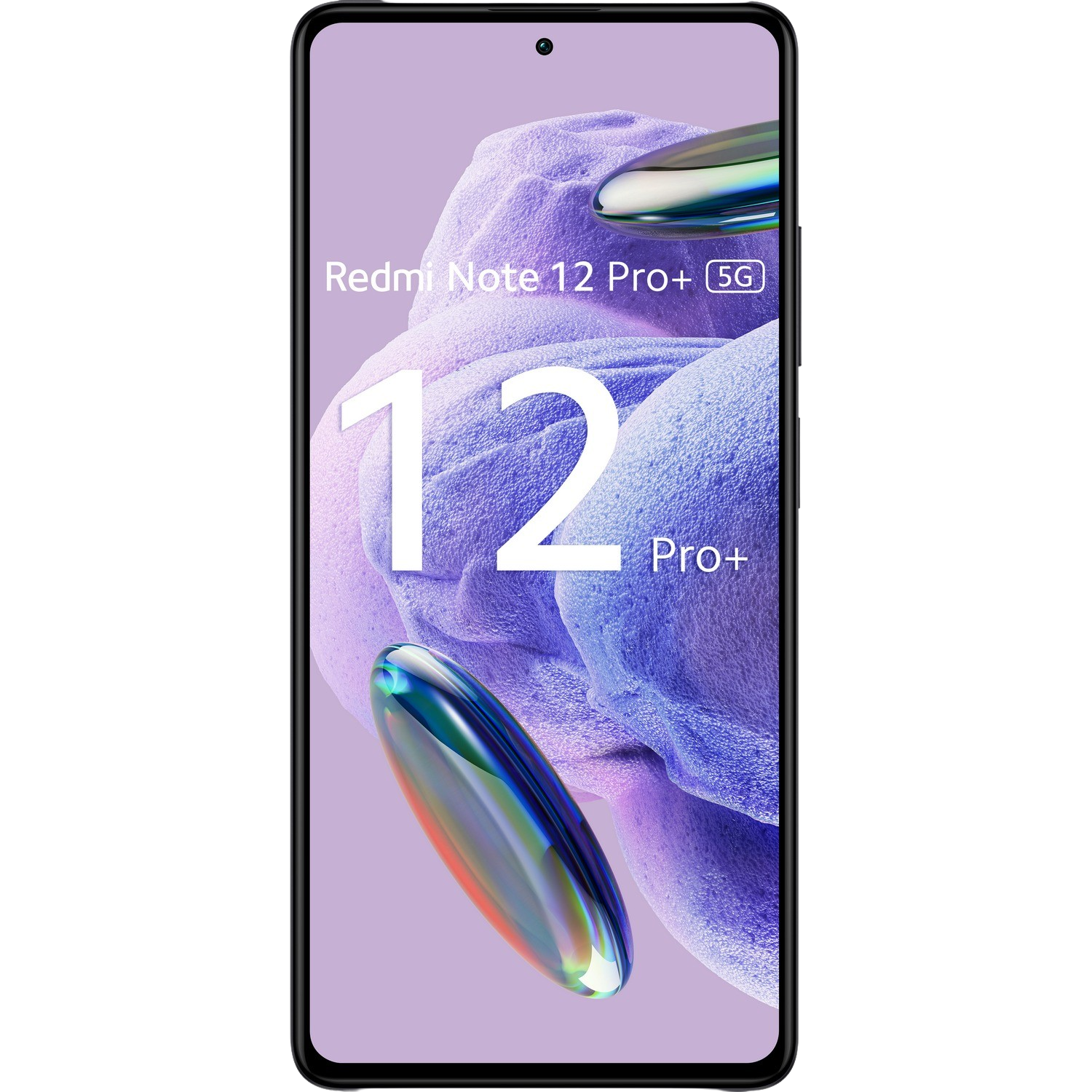 Smartfon Redmi Note 12 Pro+ 5G, ekran wyświetla stylizowany wzór z dużą białą cyfrą '12' i tekstem Pro+.