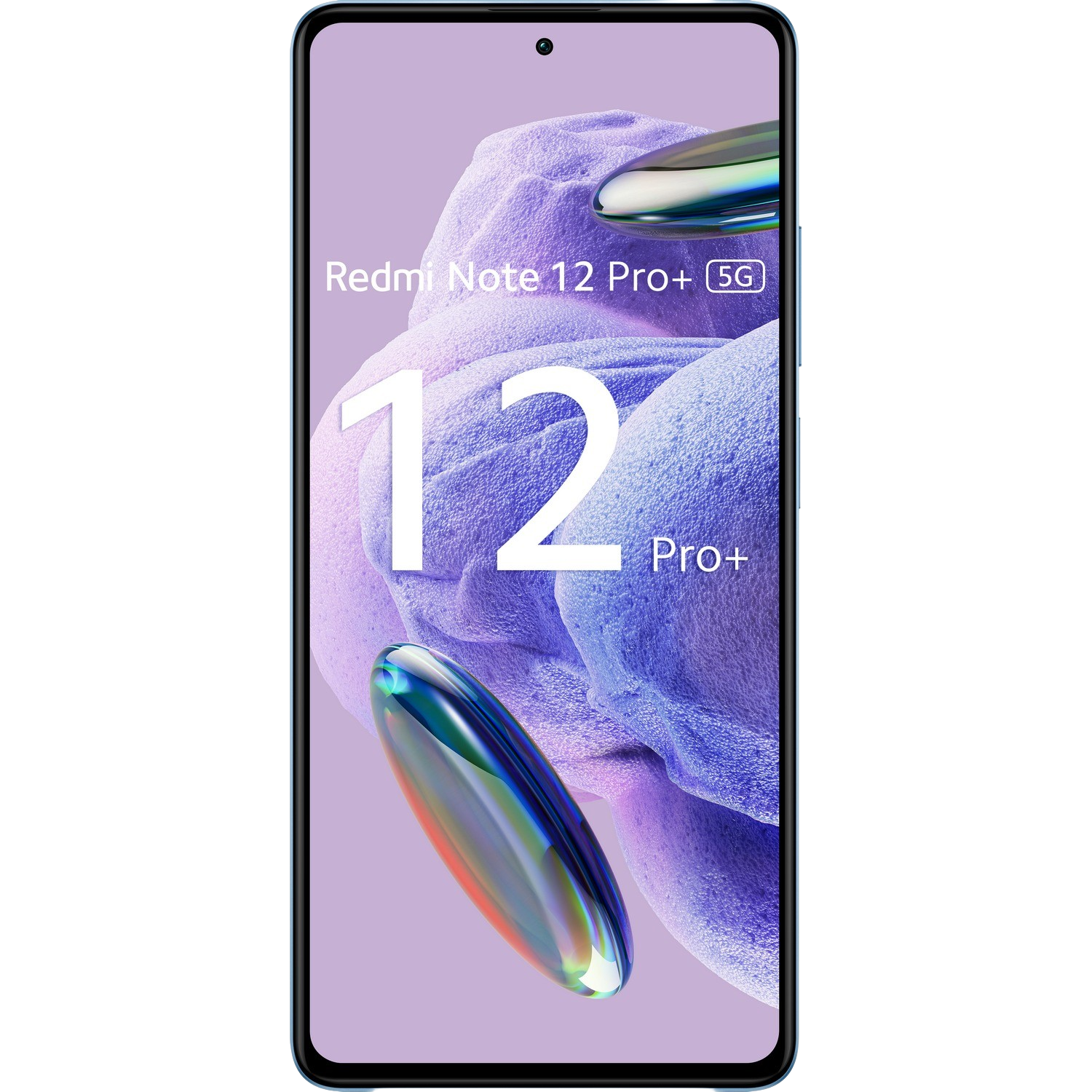 Smartfon Redmi Note 12 Pro+ 5G, z dużym '12' i 'Pro+' na ekranie, fioletowe tło.