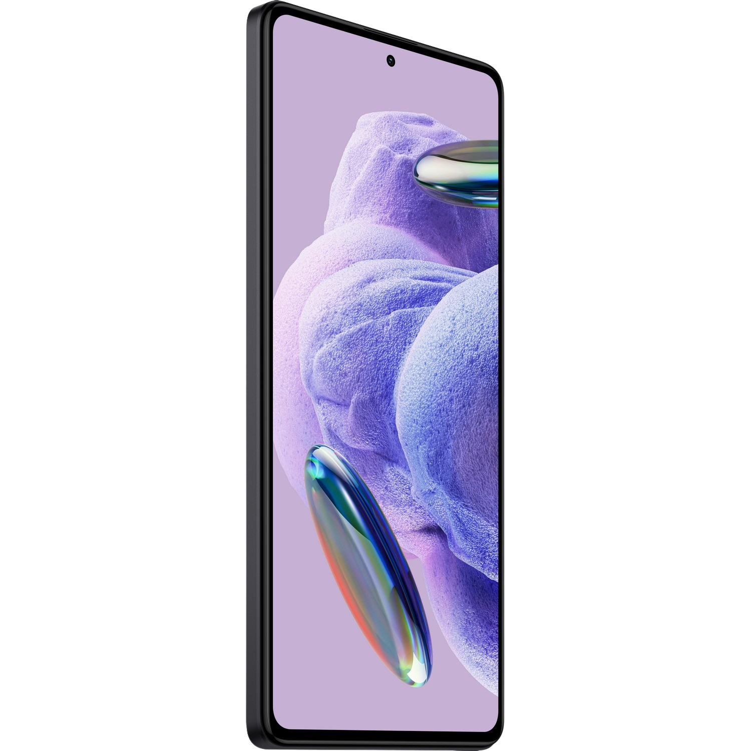Czarny smartfon z zakrzywionym ekranem, pokazujący fioletowy i niebieski wzór.