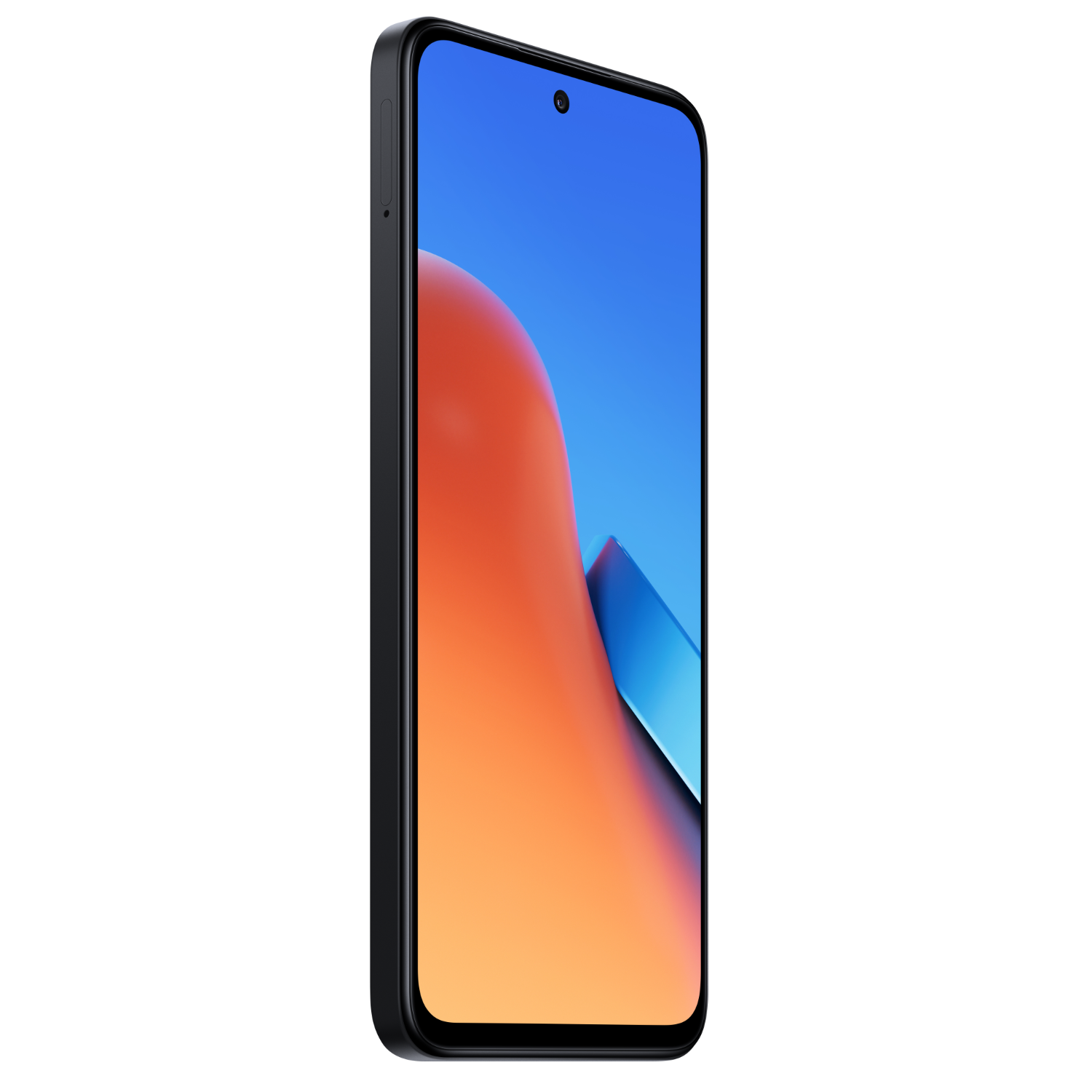 Ein schwarzes Smartphone mit blauem und orangefarbenem Bildschirm.