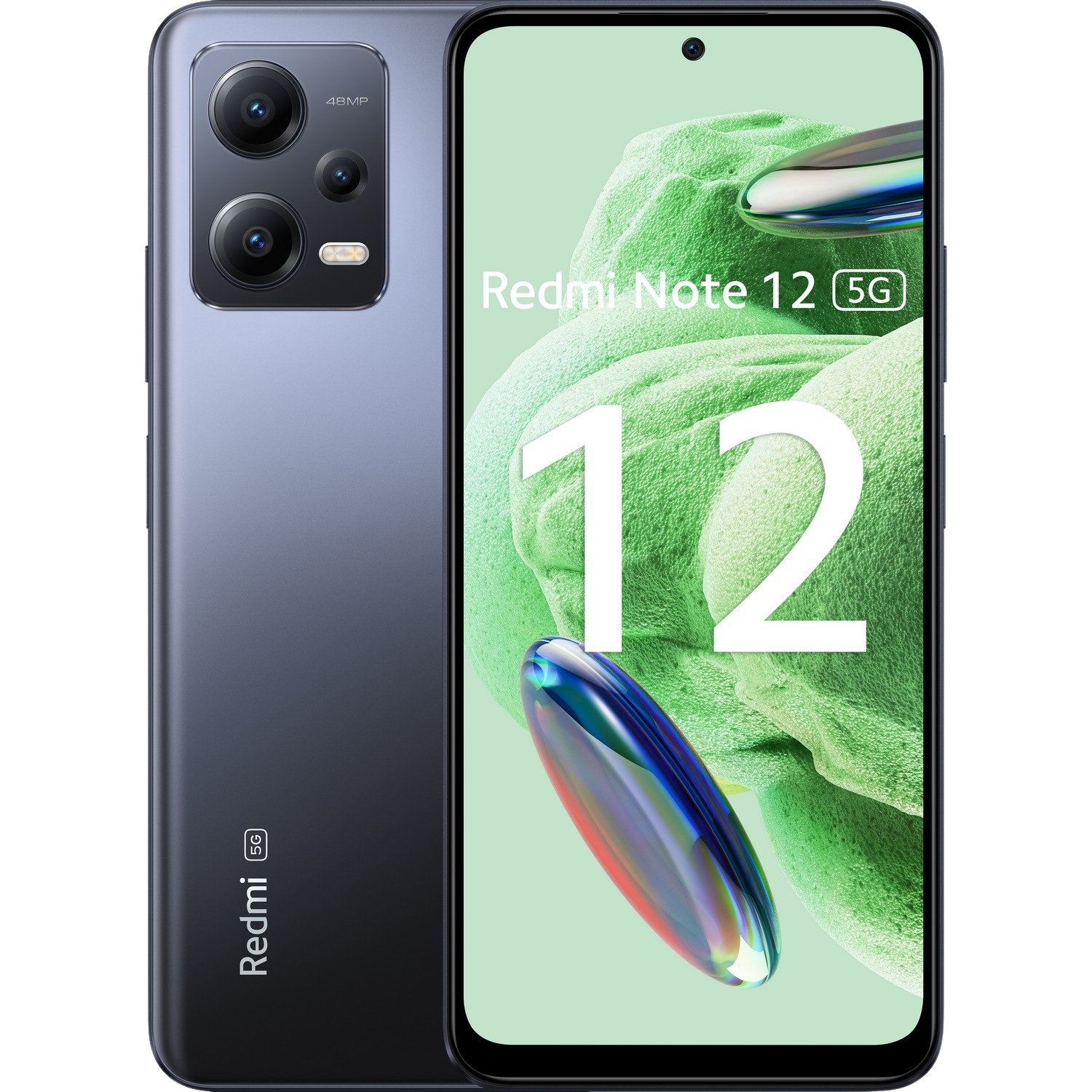 Czarny i szary telefon z tekstem Redmi Note 12 5G na ekranie.