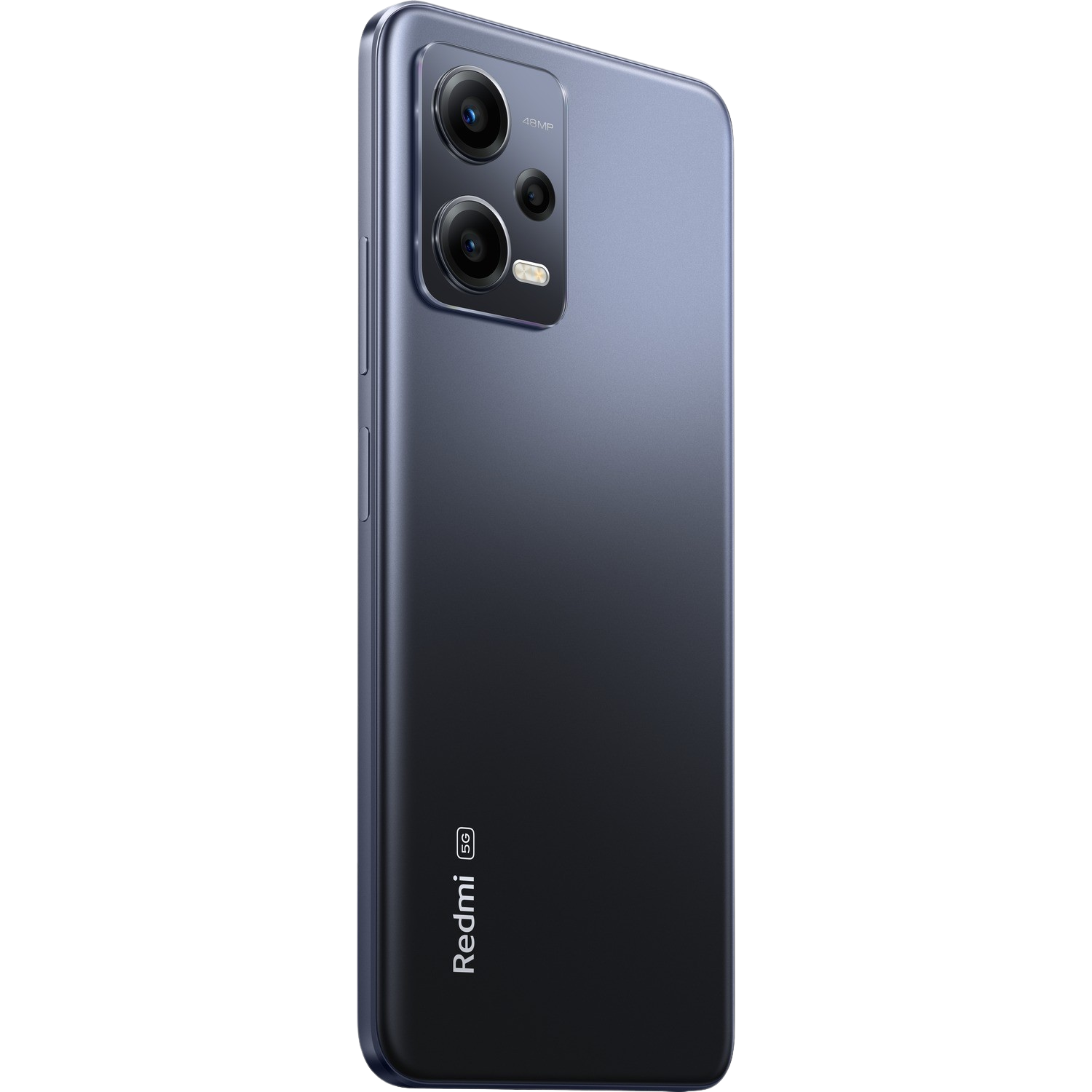 Tył niebieskiego telefonu z trzema aparatami i logo Redmi. Czarne tło.