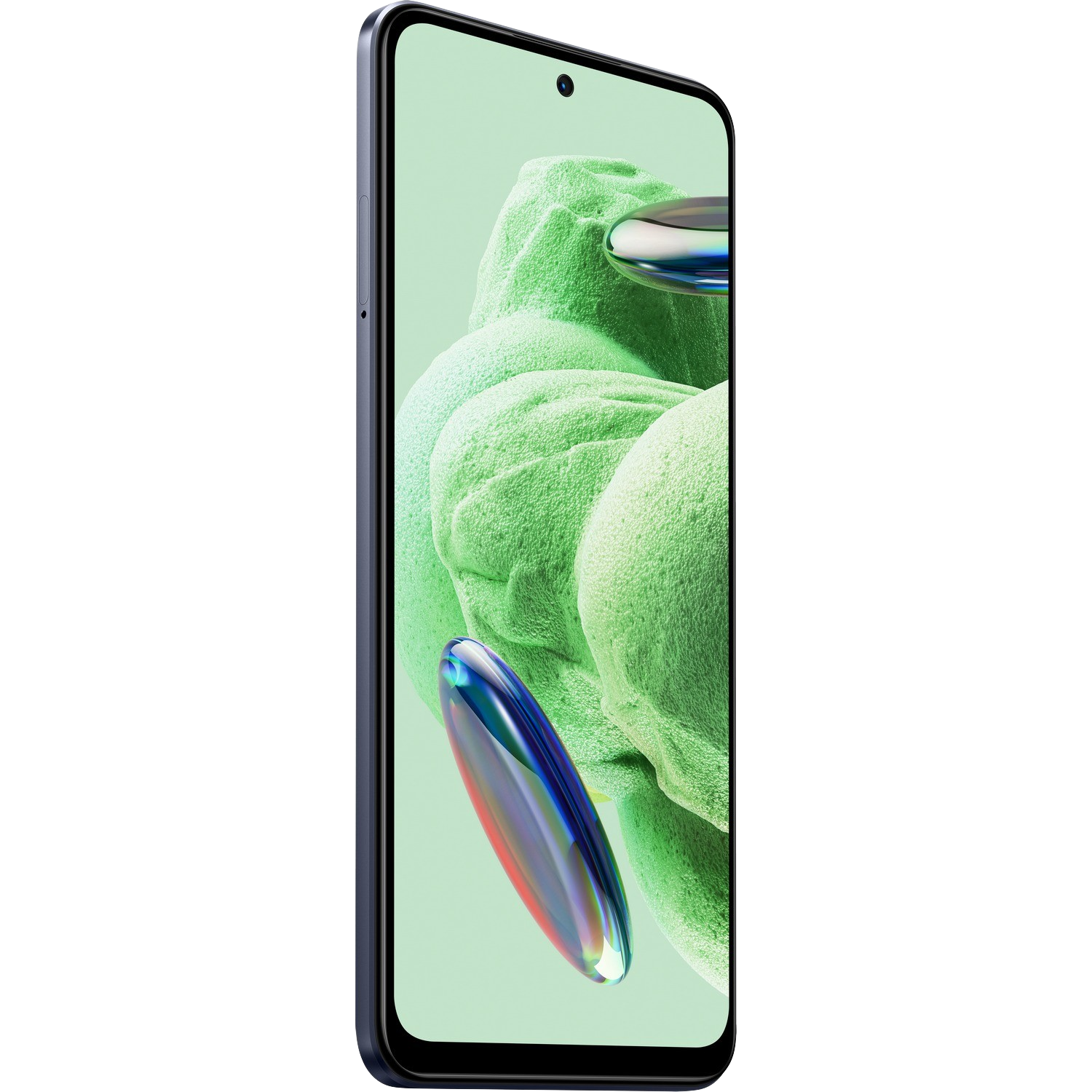 Perspektywiczny widok ciemnoniebieskiego smartfona, wyświetlającego żywy ekran. Tło jest abstrakcyjnie zielone.