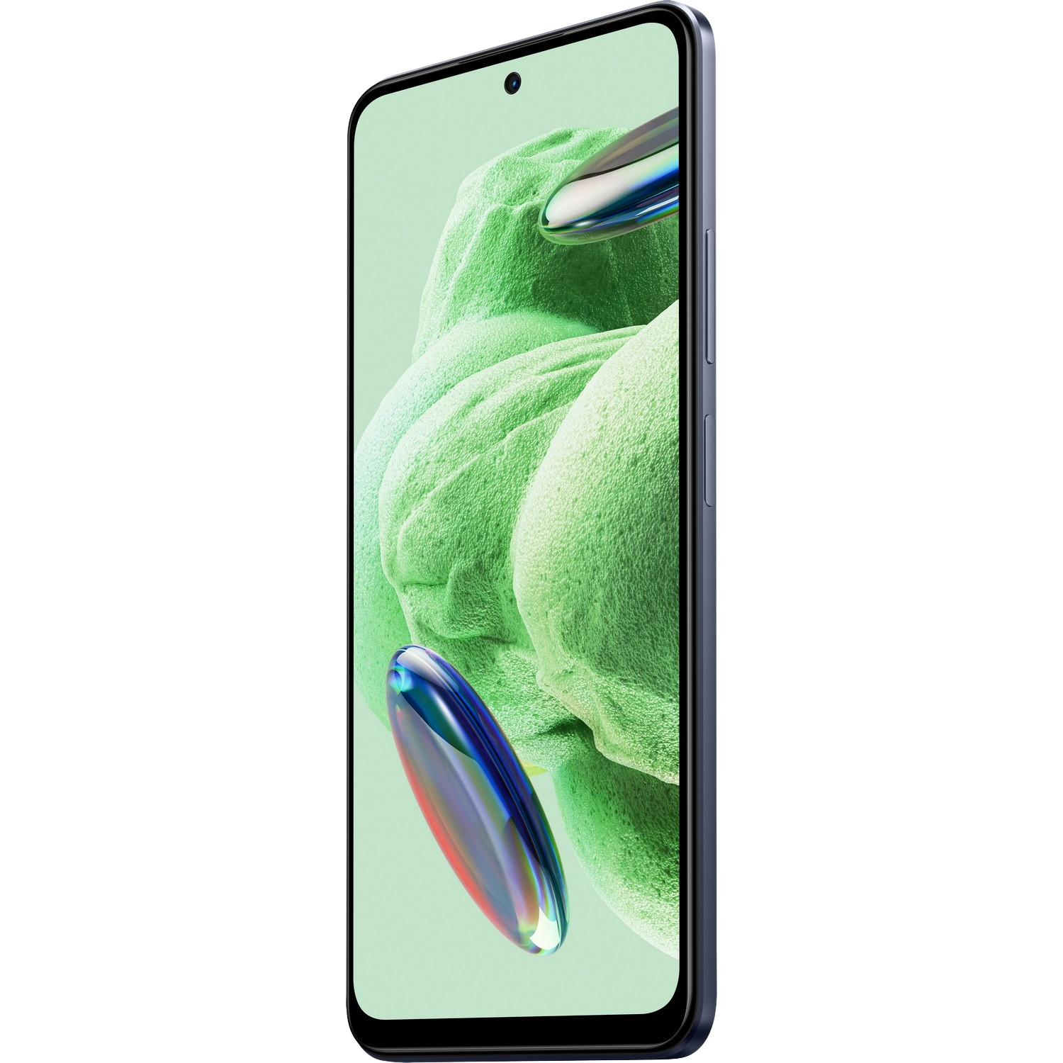 Smartfon na zielonym tle z abstrakcyjnymi kształtami. Telefon jest granatowy, ekran czarny.