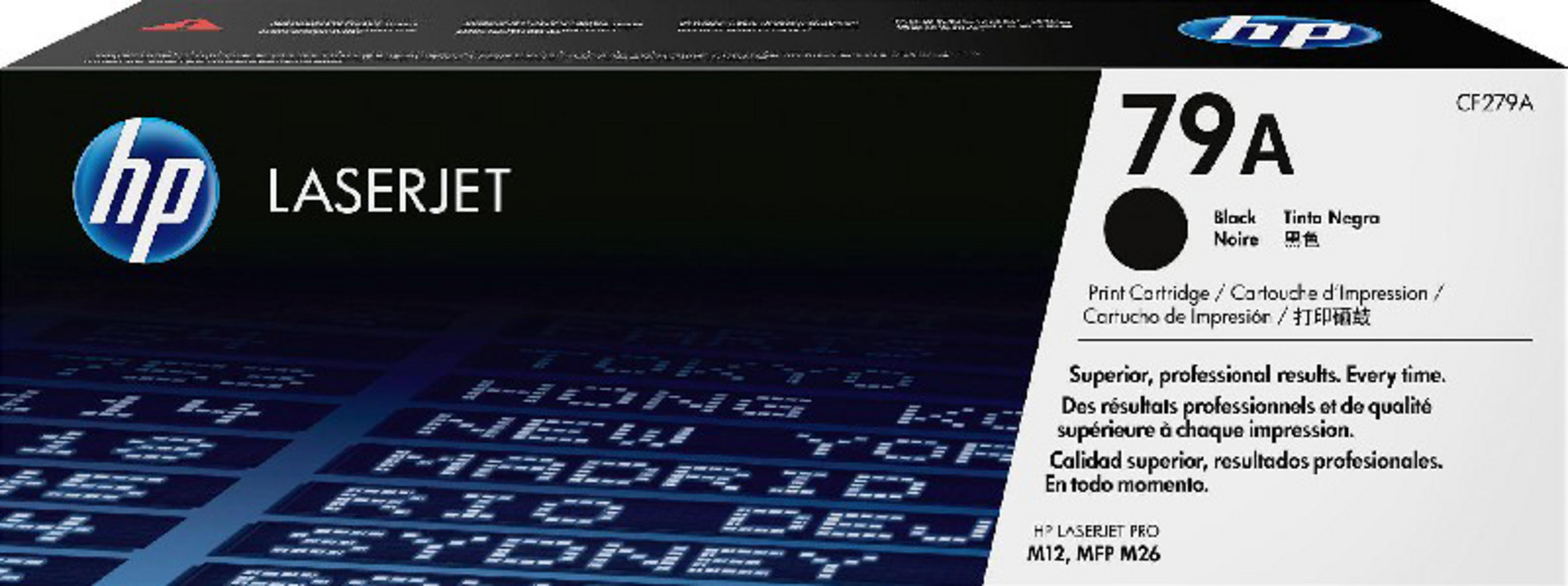 Pudełko z tonerem czarnym HP LaserJet 79A z tłem panoramy miasta.