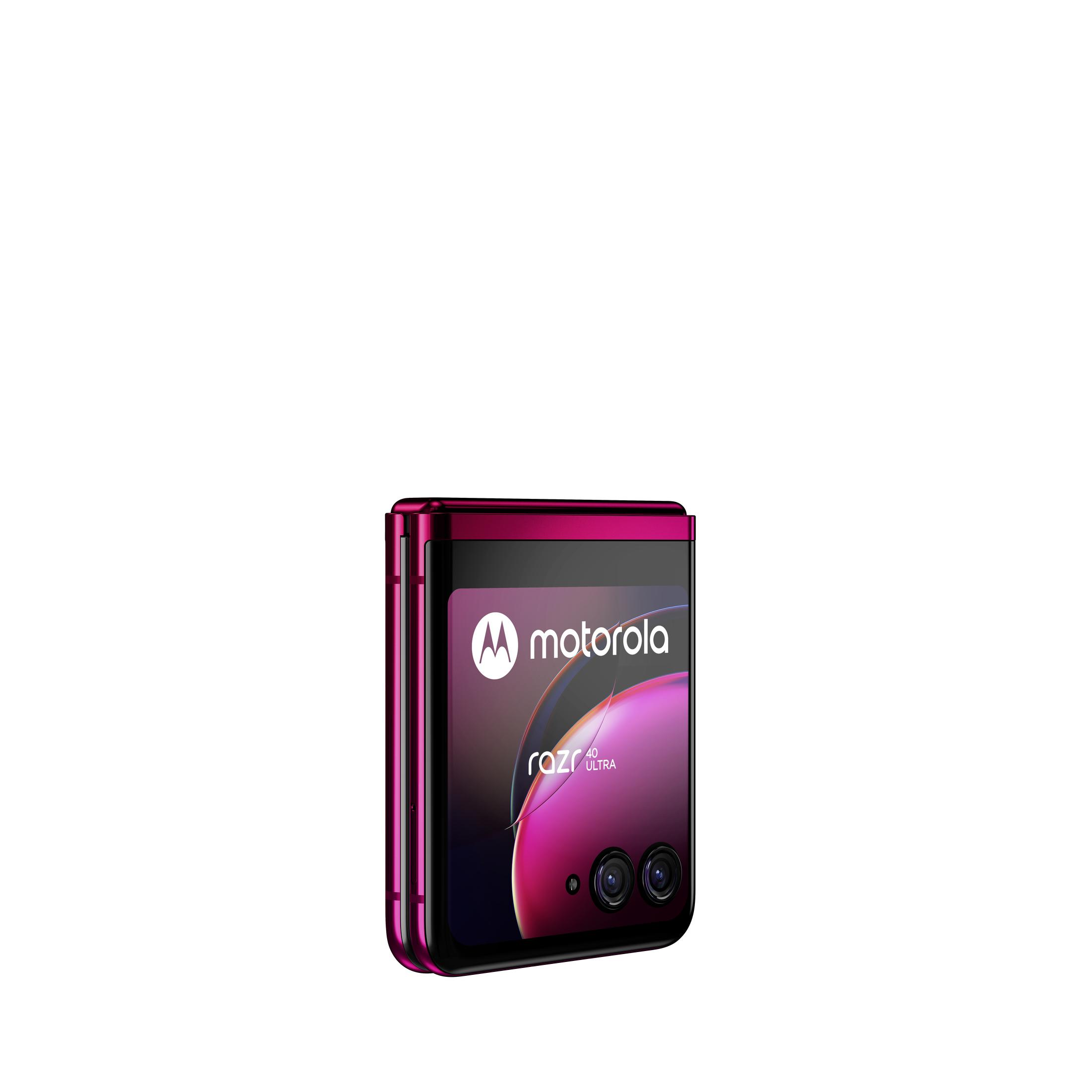 Złożony, magenta telefon Motorola Razr Ultra na białym tle. Telefon ma trzy aparaty.