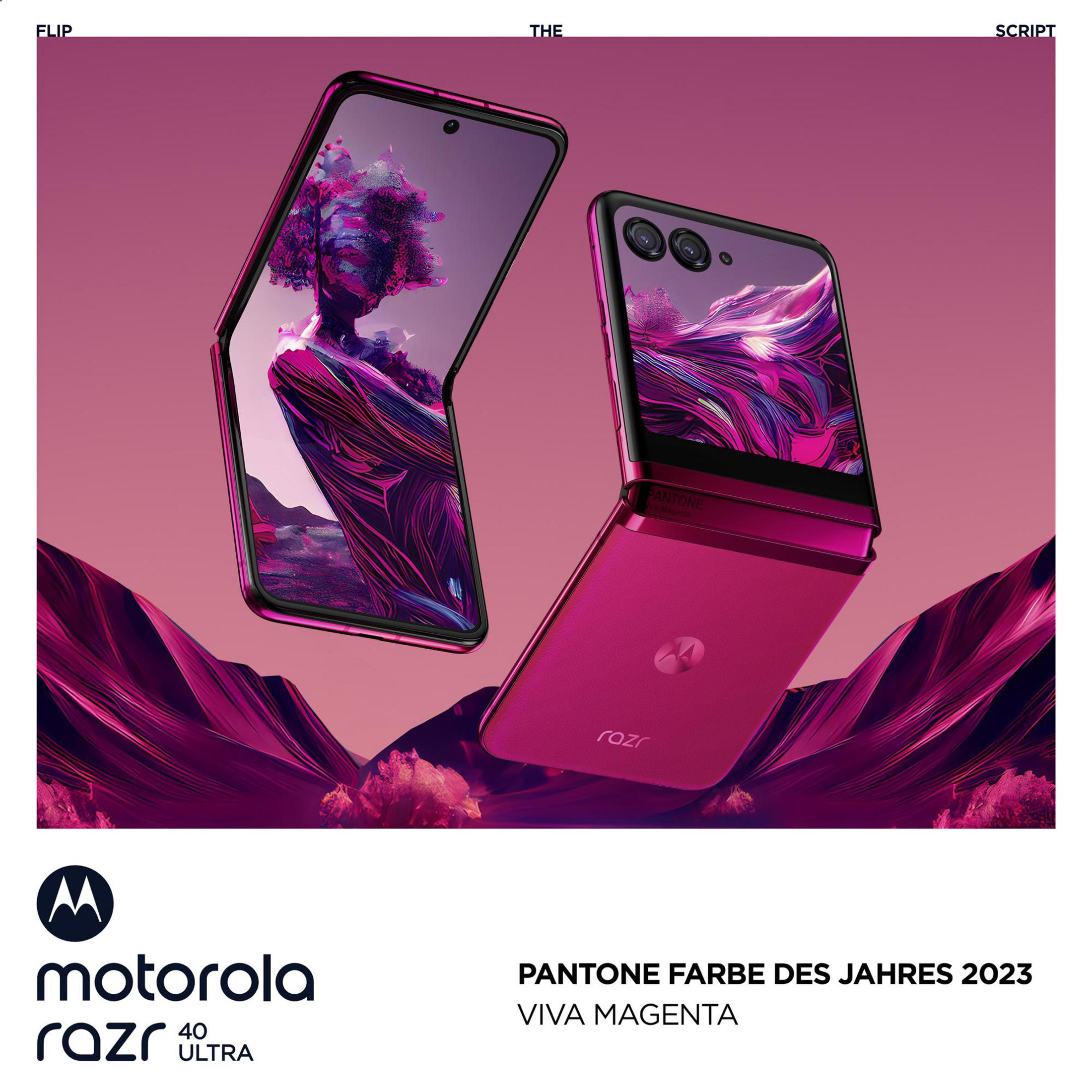 Różowy składany telefon jest otwarty i zamknięty. Tekst brzmi: MOTOROLA RAZR, VIVA MAGENTA i PANTONE FARBE DES JAHRES.
