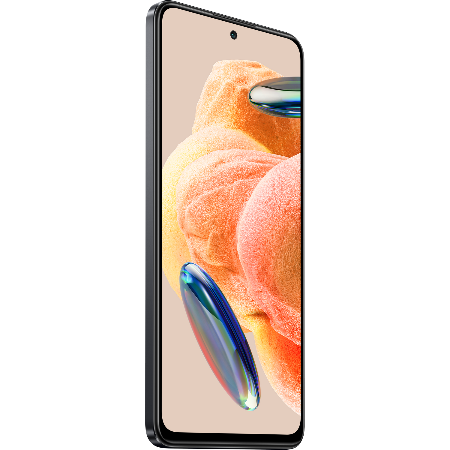 Czarny smartfon na beżowym tle, lekko pochylony, prezentujący ekran.