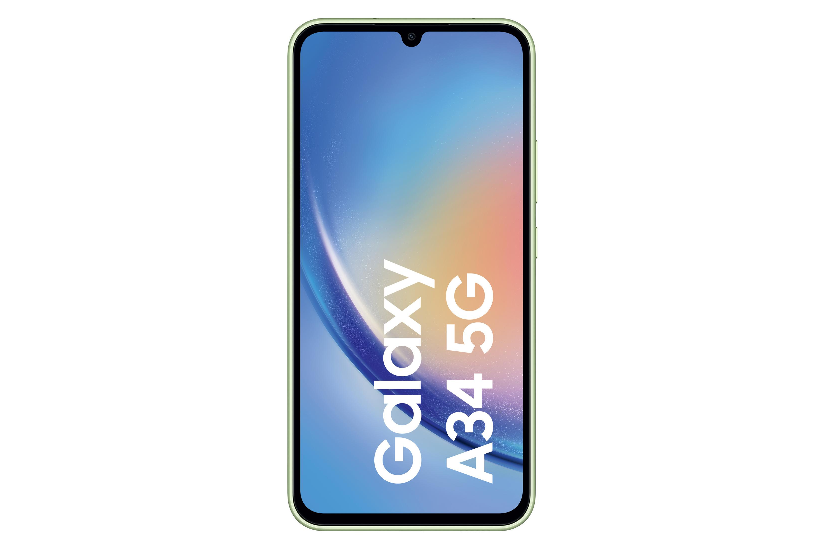 Zielony ekran telefonu z tekstem Galaxy A34 5G.