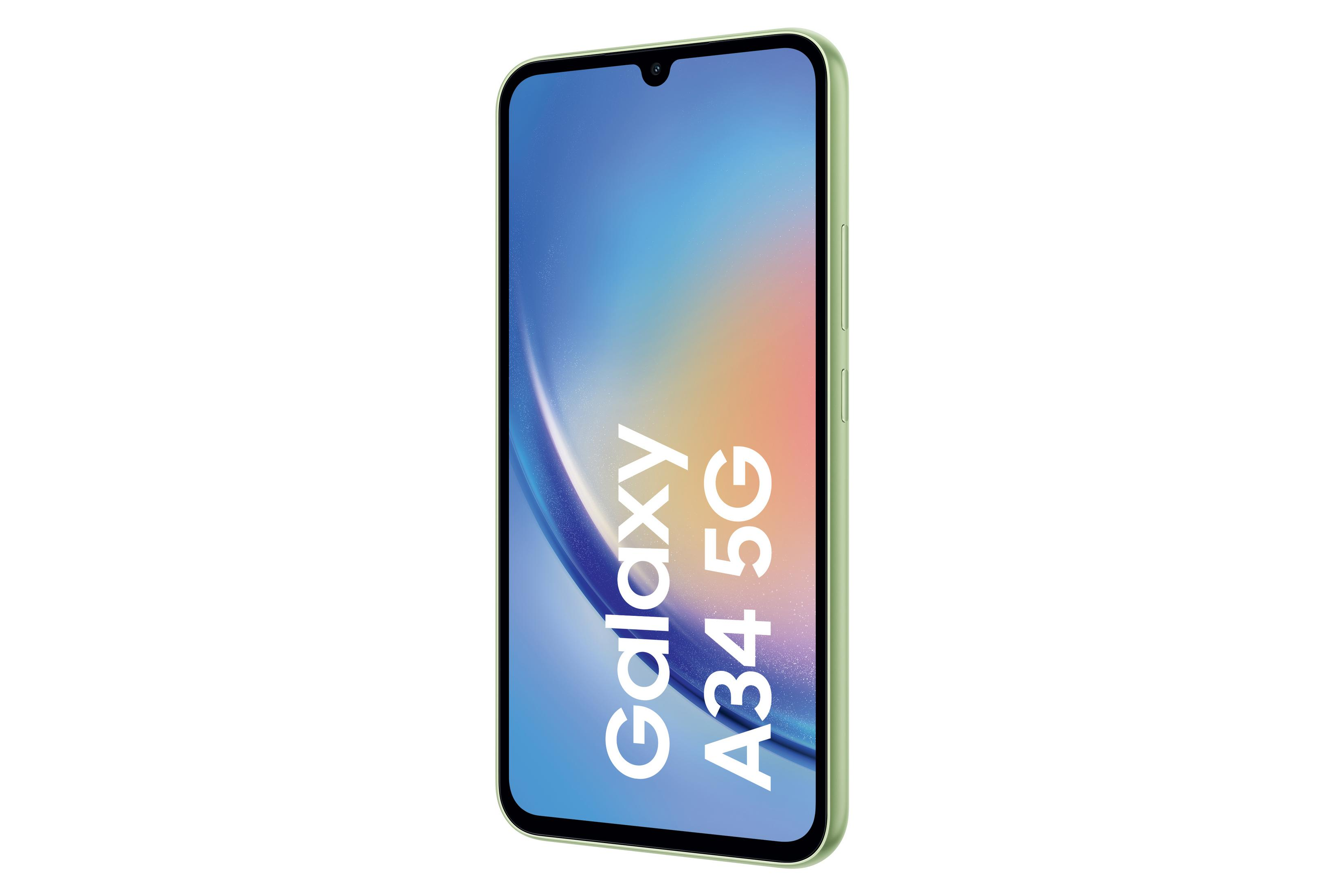 Jasnozielony telefon Samsung Galaxy A34 5G na białym tle.