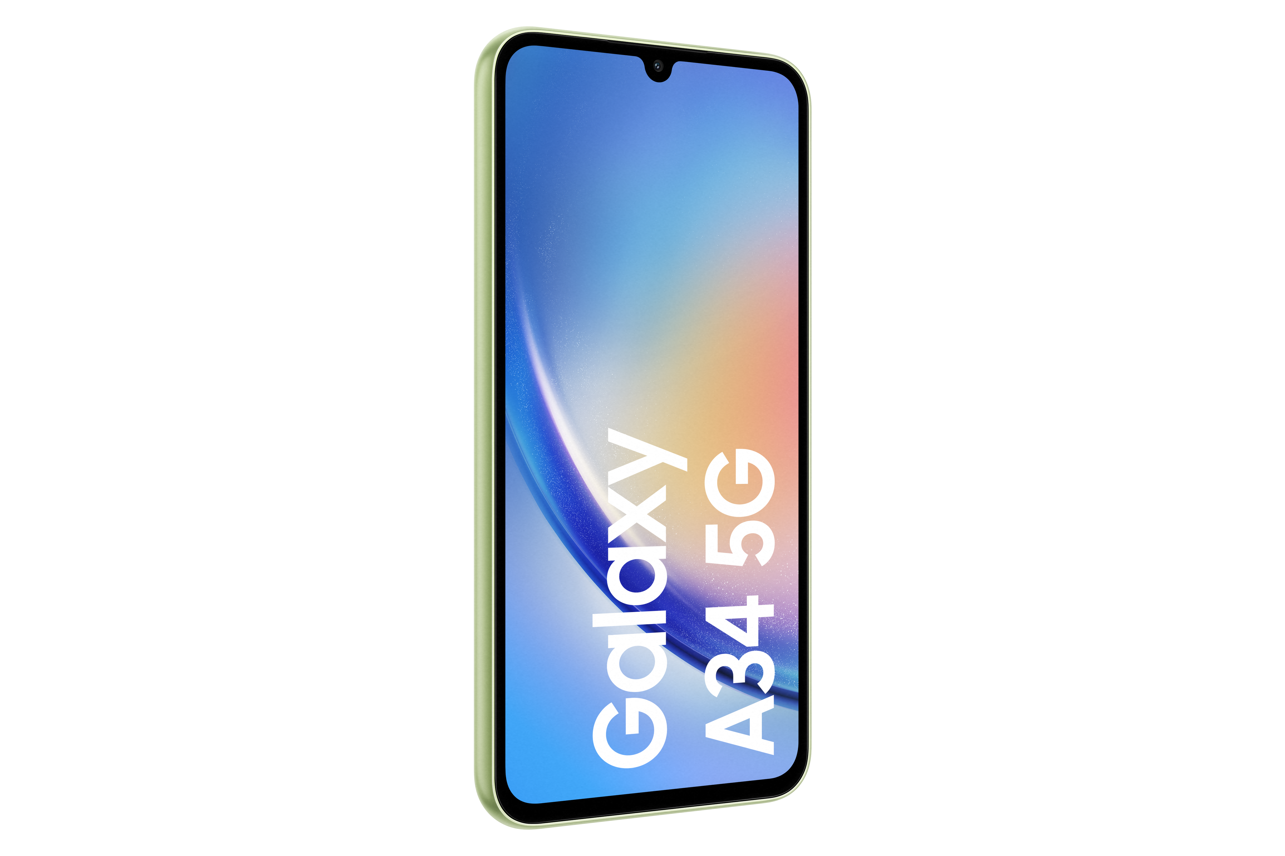 Jasnozielony smartfon Samsung Galaxy A34 5G na czarnym tle.