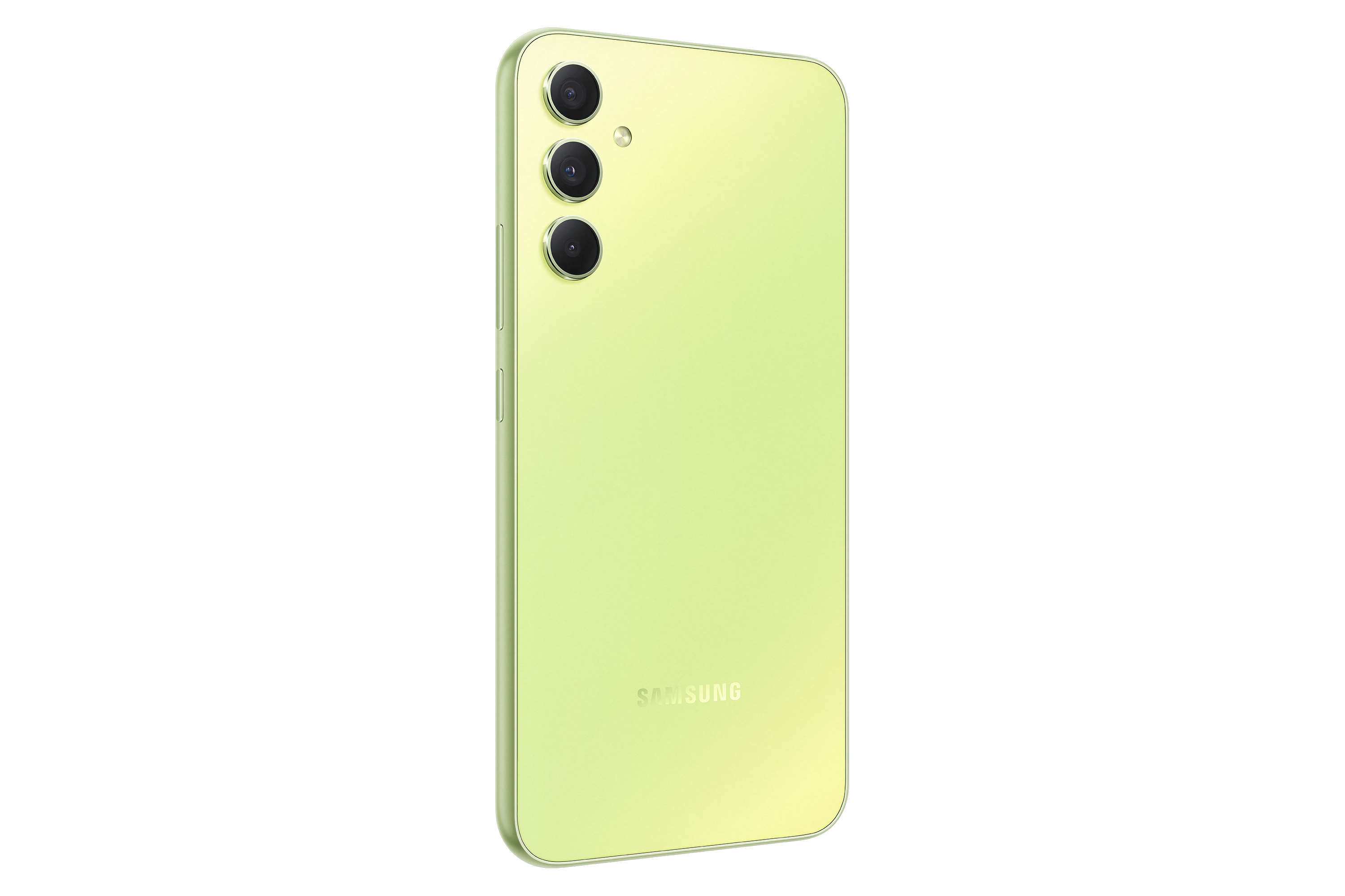 Zielony telefon Samsung, widok z tyłu, z trzema aparatami.